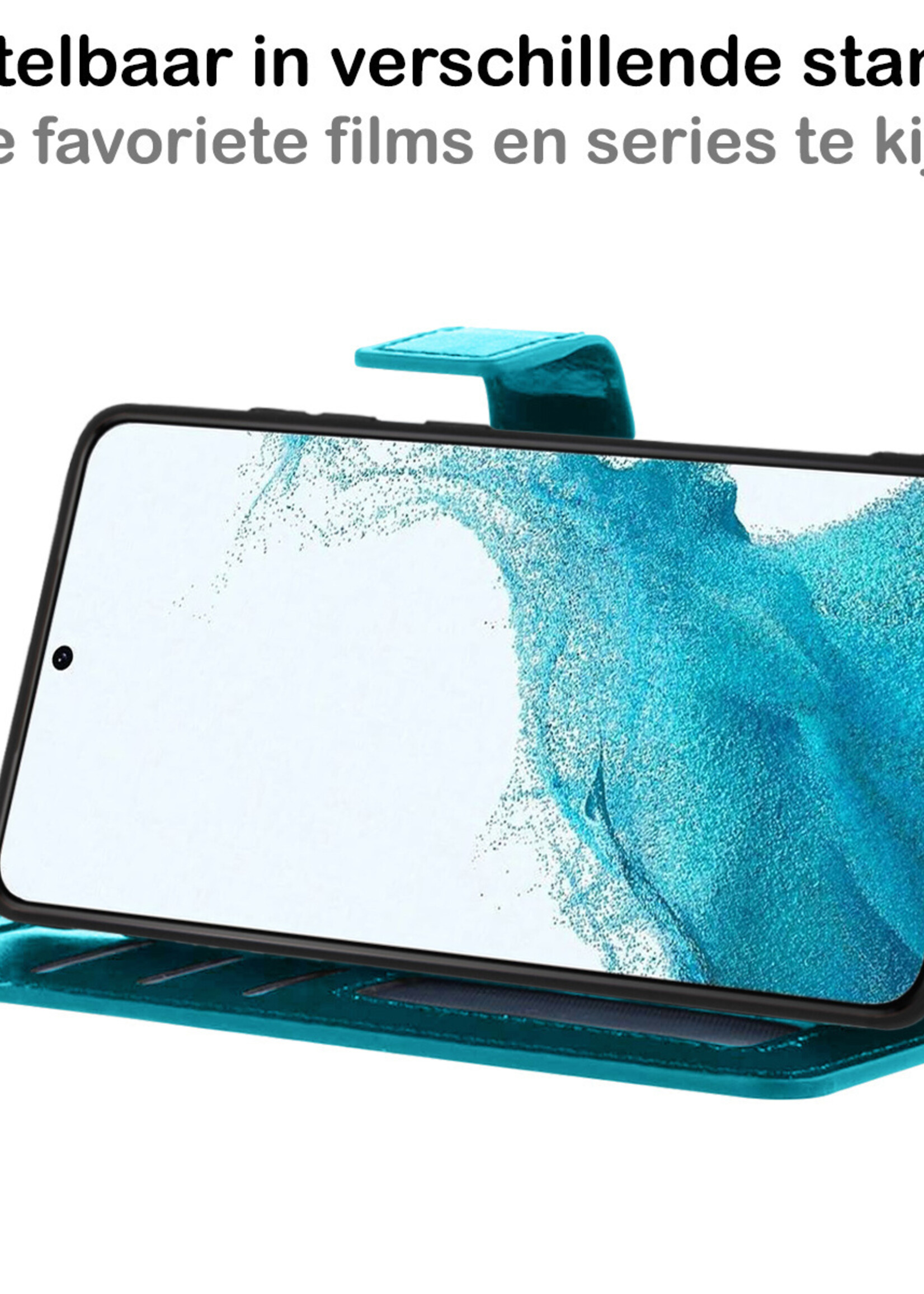 BTH Hoesje Geschikt voor Samsung S22 Hoesje Book Case Hoes Portemonnee Cover Walletcase Met Screenprotector - Hoes Geschikt voor Samsung Galaxy S22 Hoes Bookcase Hoesje - Turquoise