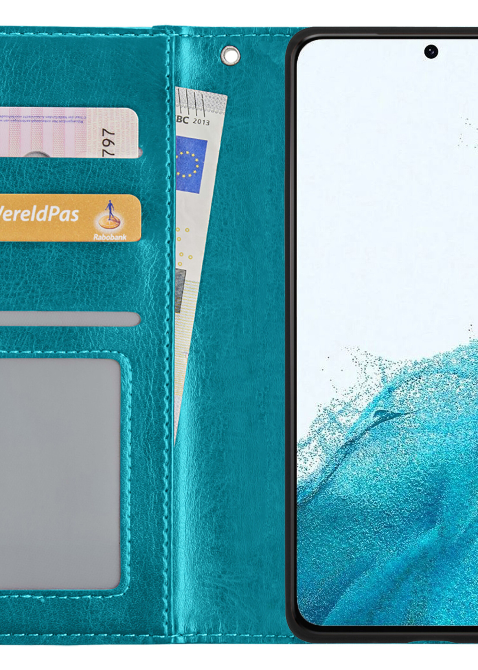 BTH Hoesje Geschikt voor Samsung S22 Hoesje Book Case Hoes Portemonnee Cover Walletcase Met Screenprotector - Hoes Geschikt voor Samsung Galaxy S22 Hoes Bookcase Hoesje - Turquoise
