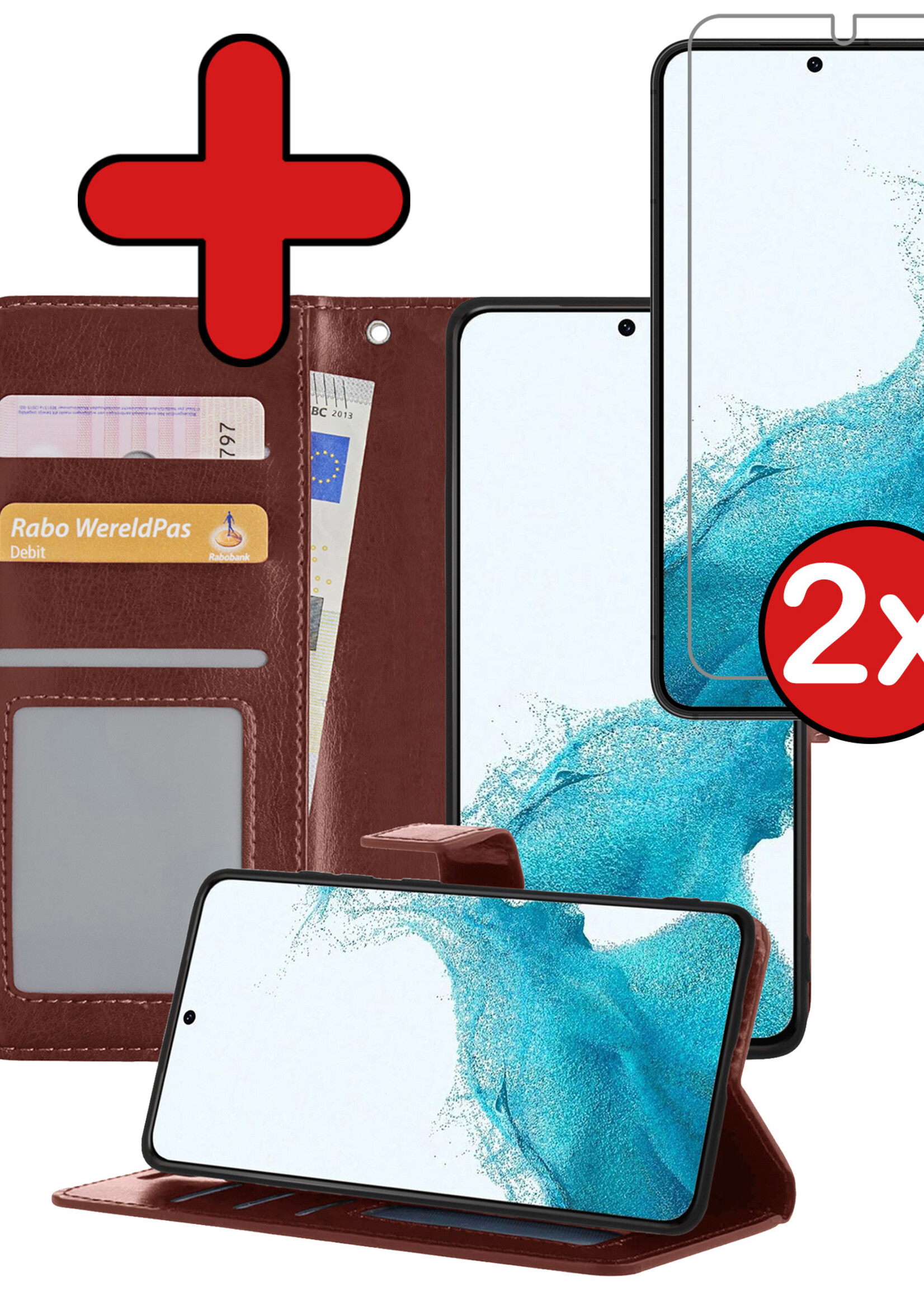 BTH Hoesje Geschikt voor Samsung S22 Hoesje Book Case Hoes Portemonnee Cover Walletcase Met 2x Screenprotector - Hoes Geschikt voor Samsung Galaxy S22 Hoes Bookcase Hoesje - Bruin