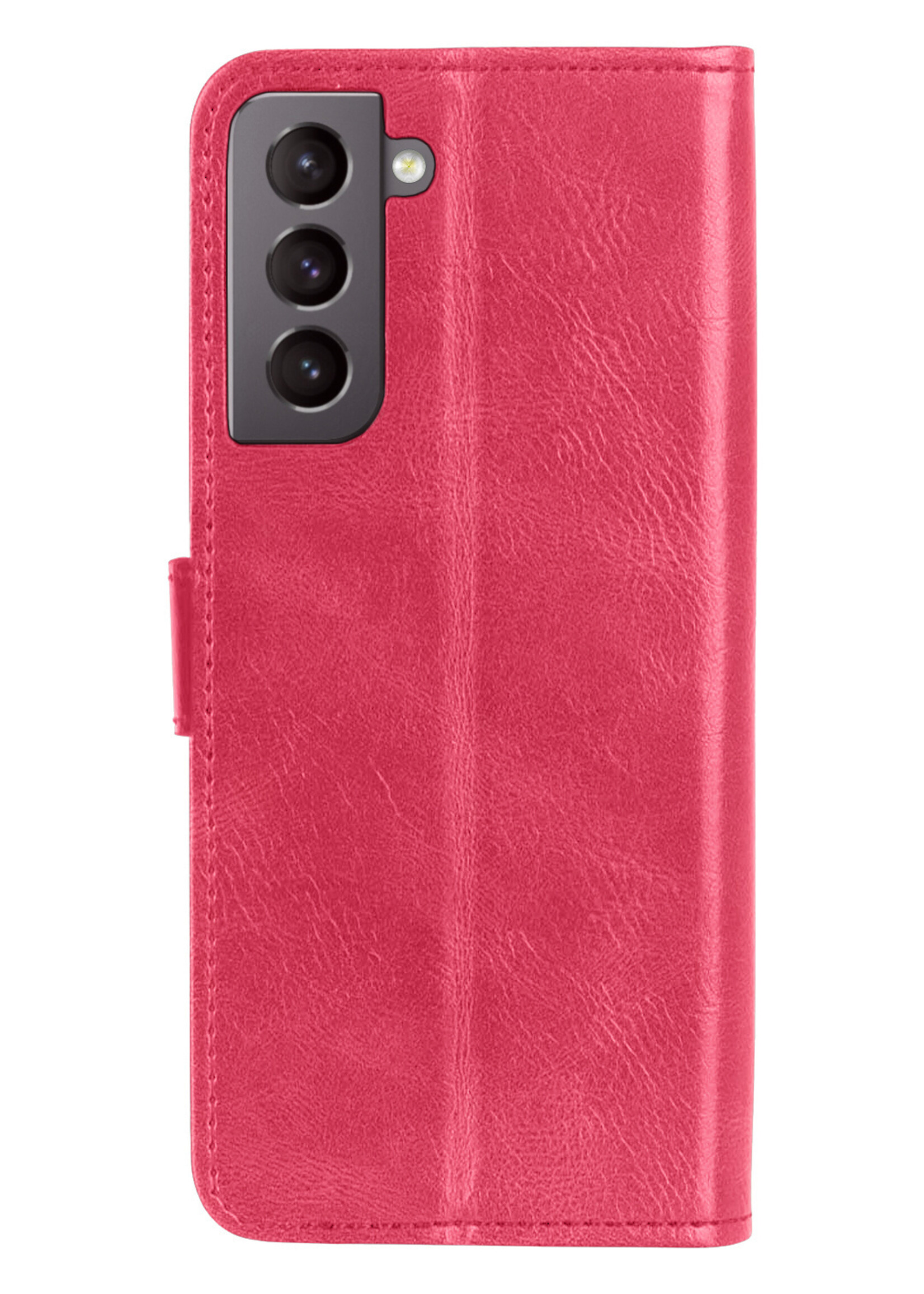 BTH Hoesje Geschikt voor Samsung S22 Hoesje Book Case Hoes Portemonnee Cover Walletcase Met 2x Screenprotector - Hoes Geschikt voor Samsung Galaxy S22 Hoes Bookcase Hoesje - Donkerroze