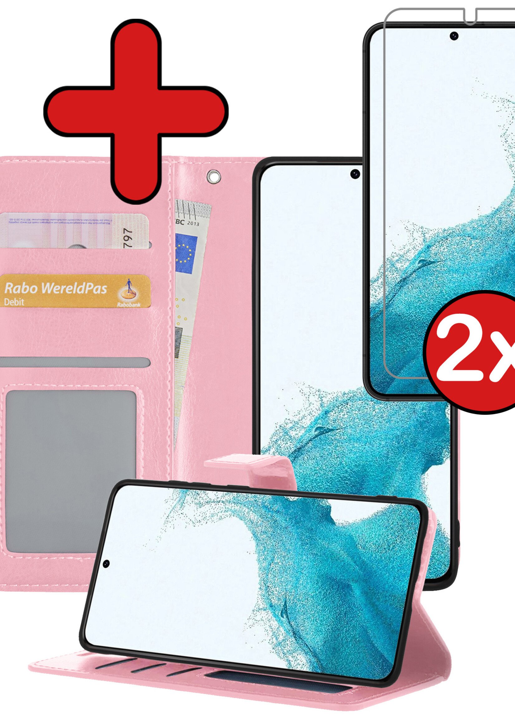 BTH Hoesje Geschikt voor Samsung S22 Hoesje Book Case Hoes Portemonnee Cover Walletcase Met 2x Screenprotector - Hoes Geschikt voor Samsung Galaxy S22 Hoes Bookcase Hoesje - Lichtroze