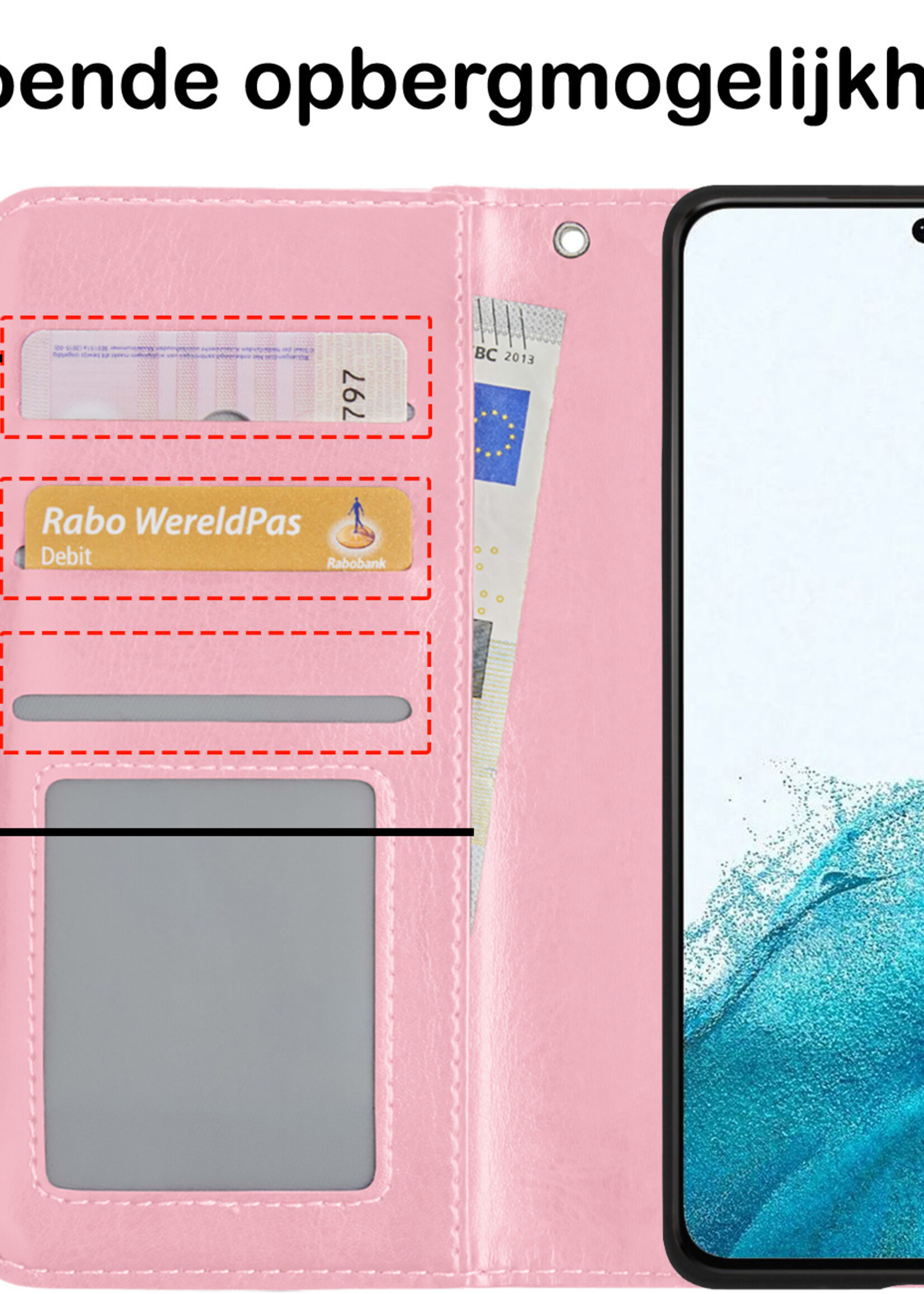 BTH Hoesje Geschikt voor Samsung S22 Hoesje Book Case Hoes Portemonnee Cover Walletcase Met 2x Screenprotector - Hoes Geschikt voor Samsung Galaxy S22 Hoes Bookcase Hoesje - Lichtroze