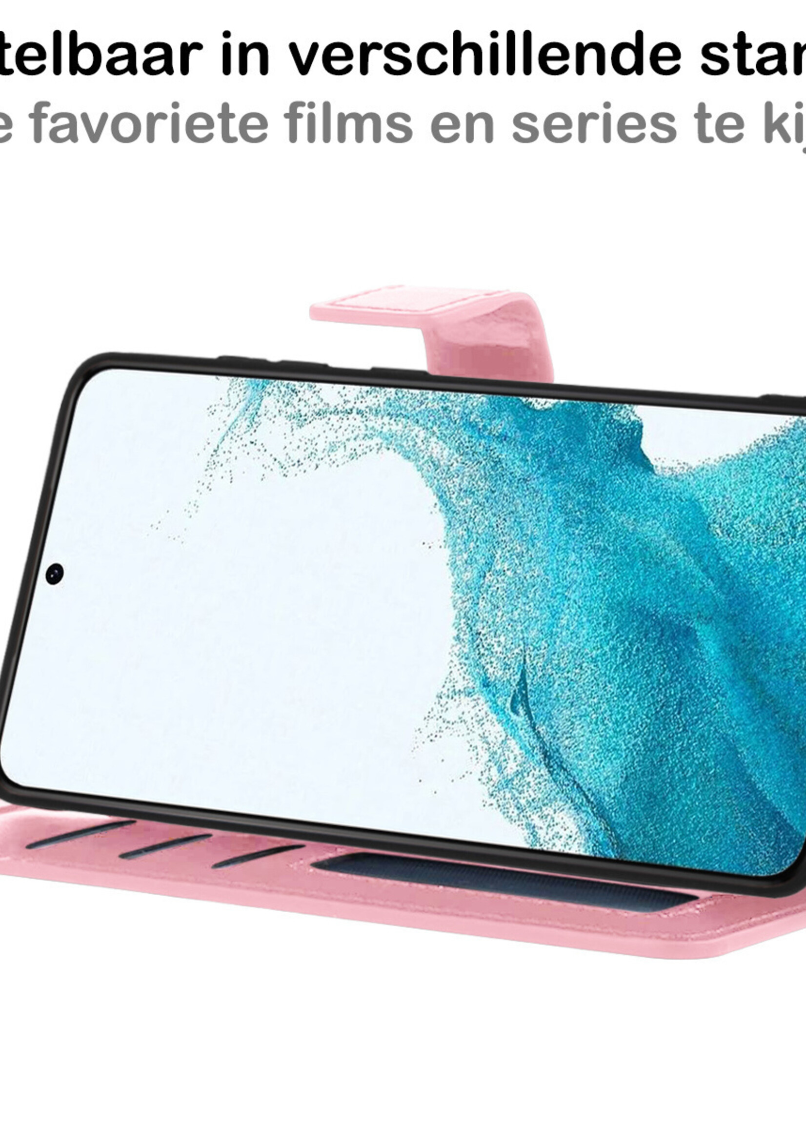 BTH Hoesje Geschikt voor Samsung S22 Hoesje Book Case Hoes Portemonnee Cover Walletcase Met 2x Screenprotector - Hoes Geschikt voor Samsung Galaxy S22 Hoes Bookcase Hoesje - Lichtroze