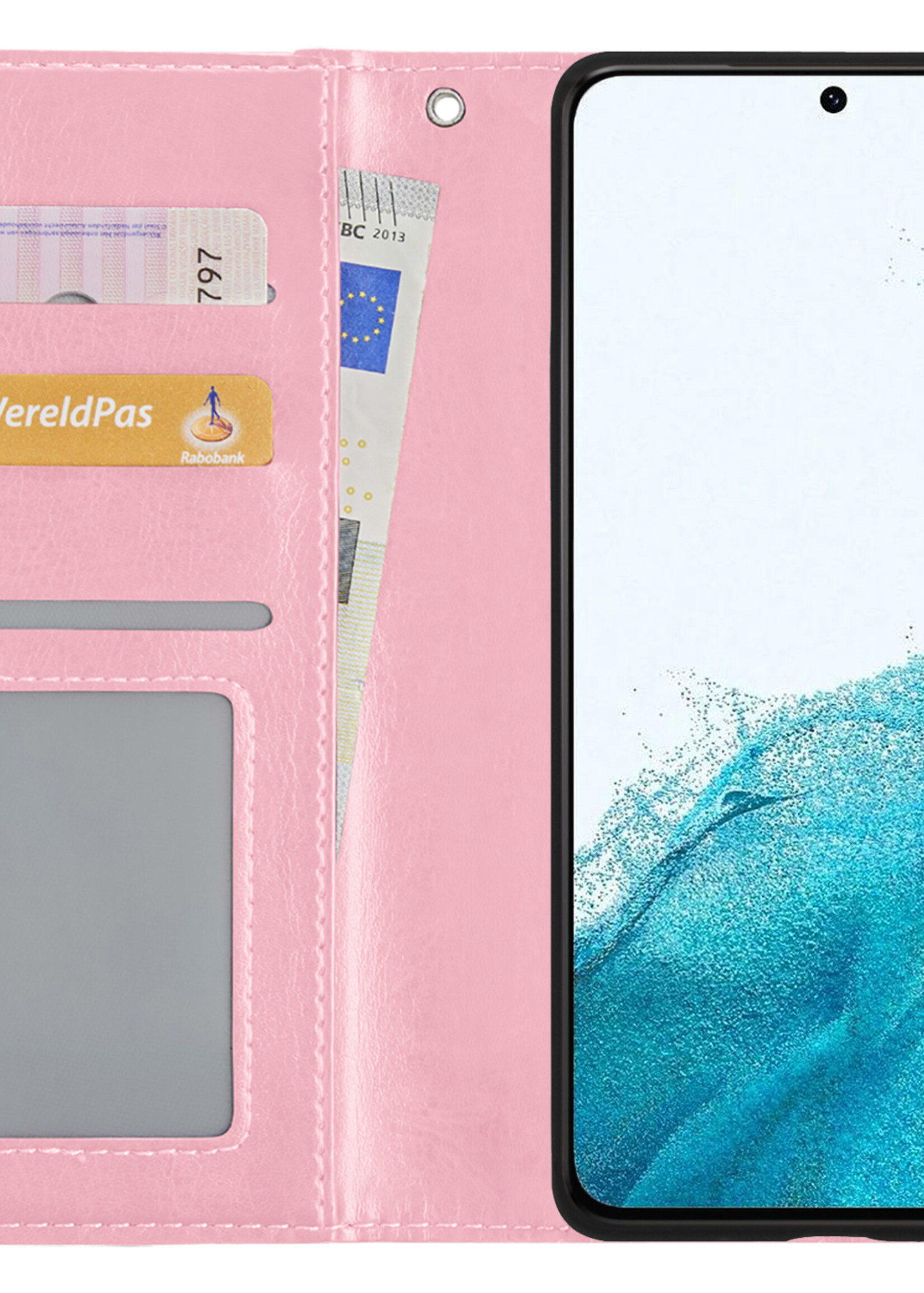 BTH Hoesje Geschikt voor Samsung S22 Hoesje Book Case Hoes Portemonnee Cover Walletcase Met 2x Screenprotector - Hoes Geschikt voor Samsung Galaxy S22 Hoes Bookcase Hoesje - Lichtroze