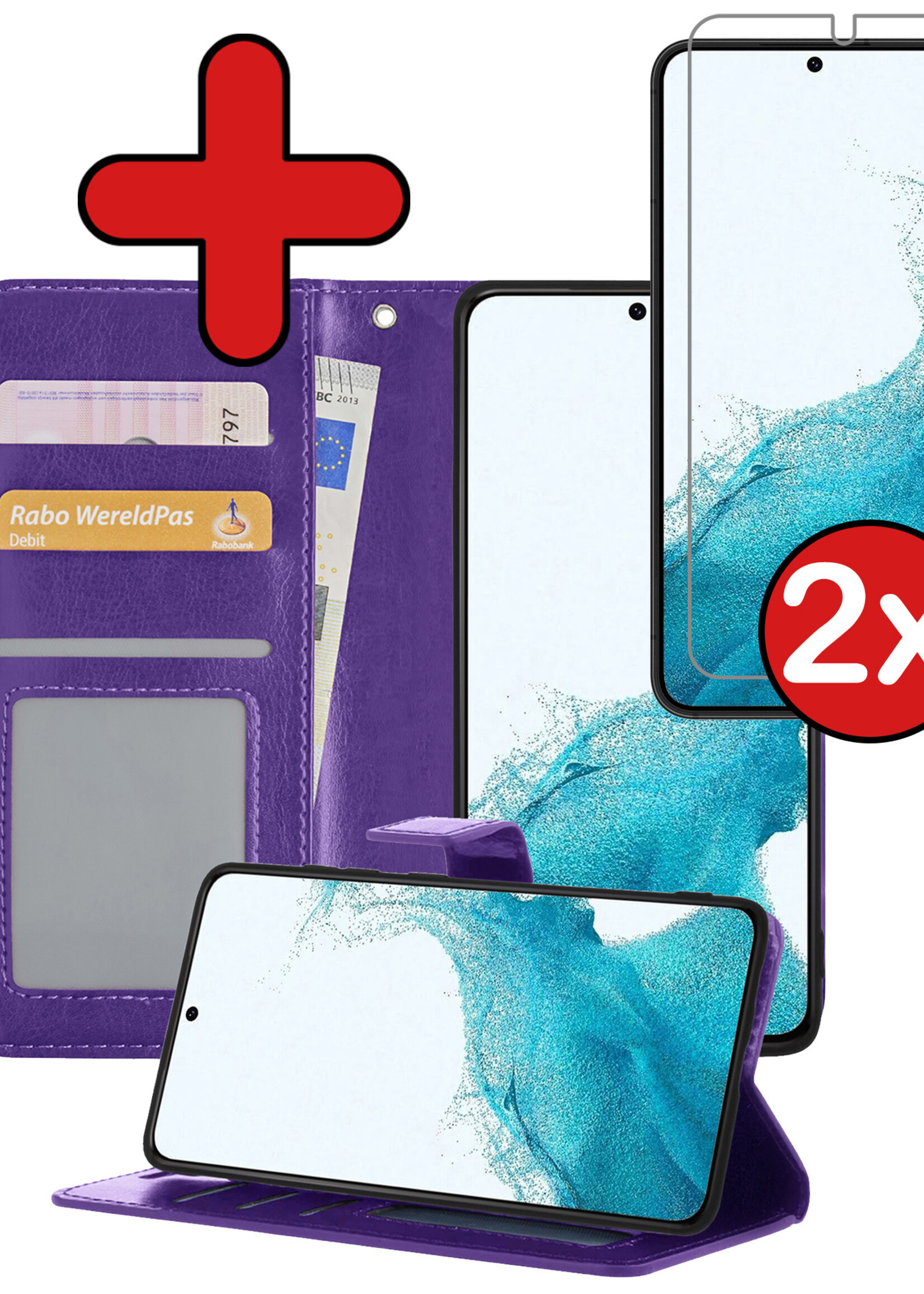 BTH Hoesje Geschikt voor Samsung S22 Hoesje Book Case Hoes Portemonnee Cover Walletcase Met 2x Screenprotector - Hoes Geschikt voor Samsung Galaxy S22 Hoes Bookcase Hoesje - Paars