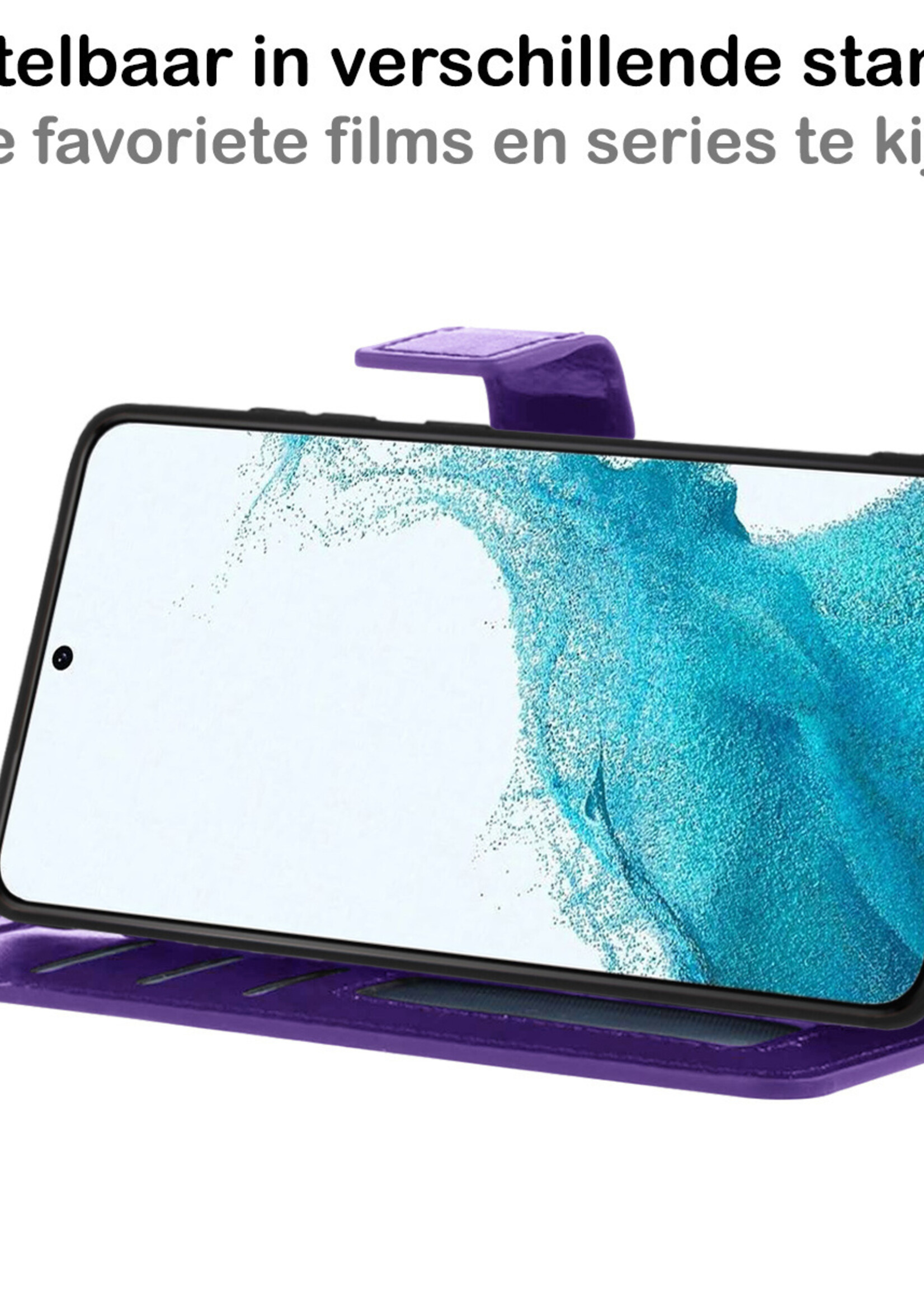 BTH Hoesje Geschikt voor Samsung S22 Hoesje Book Case Hoes Portemonnee Cover Walletcase Met 2x Screenprotector - Hoes Geschikt voor Samsung Galaxy S22 Hoes Bookcase Hoesje - Paars