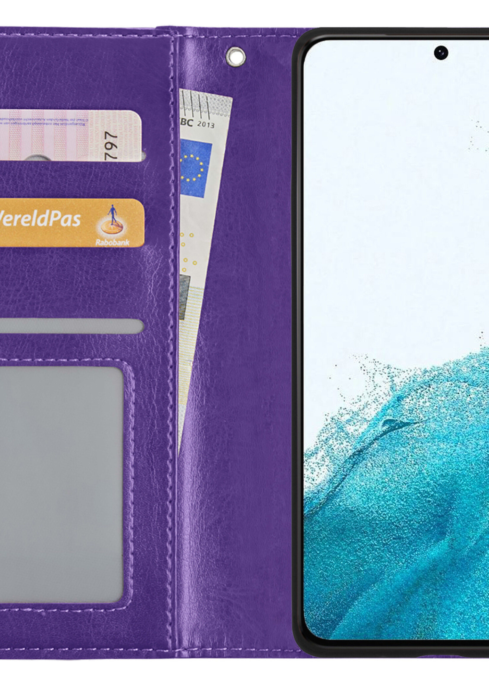 BTH Hoesje Geschikt voor Samsung S22 Hoesje Book Case Hoes Portemonnee Cover Walletcase Met 2x Screenprotector - Hoes Geschikt voor Samsung Galaxy S22 Hoes Bookcase Hoesje - Paars