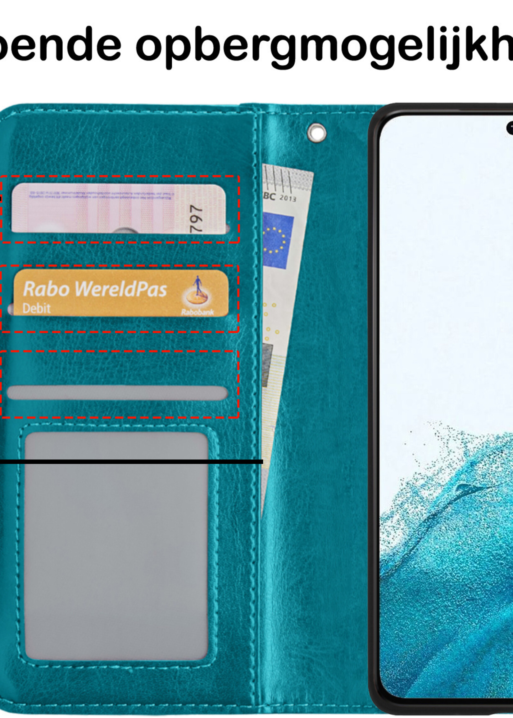 BTH Hoesje Geschikt voor Samsung S22 Hoesje Book Case Hoes Portemonnee Cover Walletcase Met 2x Screenprotector - Hoes Geschikt voor Samsung Galaxy S22 Hoes Bookcase Hoesje - Turquoise