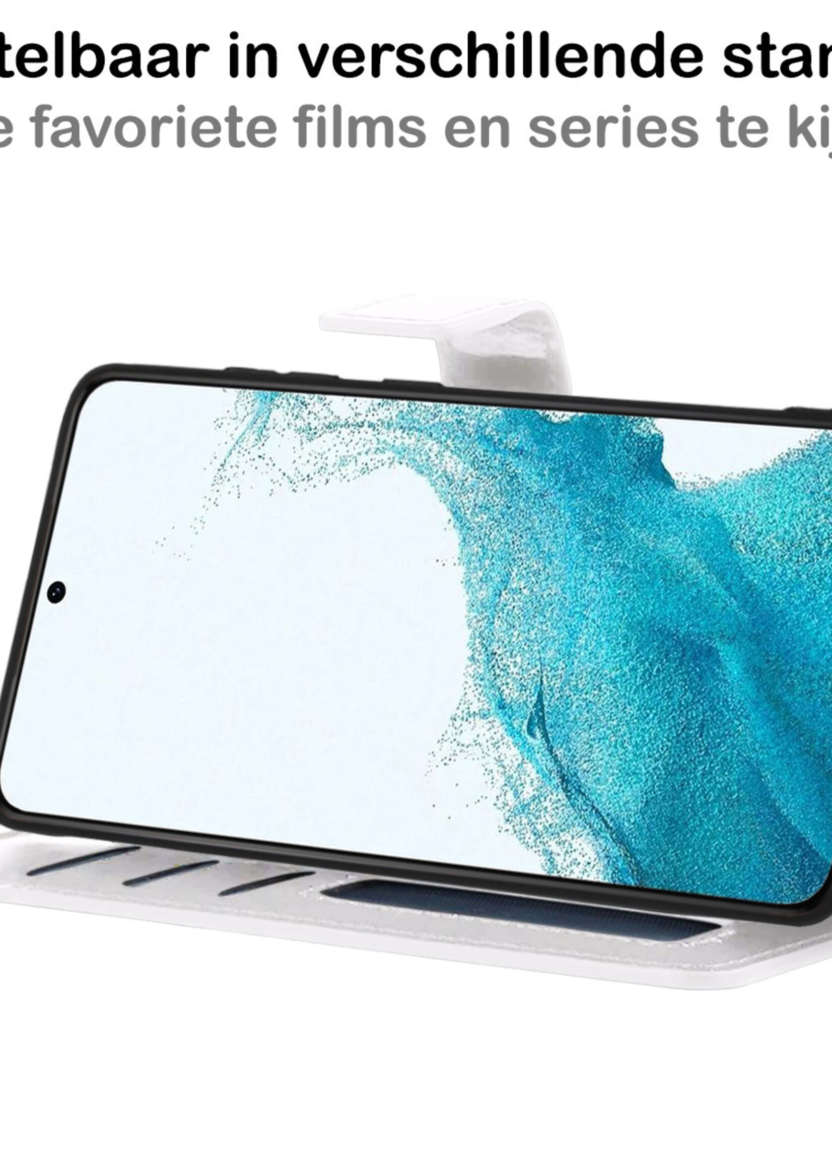 BTH Hoesje Geschikt voor Samsung S22 Hoesje Book Case Hoes Portemonnee Cover Walletcase Met 2x Screenprotector - Hoes Geschikt voor Samsung Galaxy S22 Hoes Bookcase Hoesje - Wit