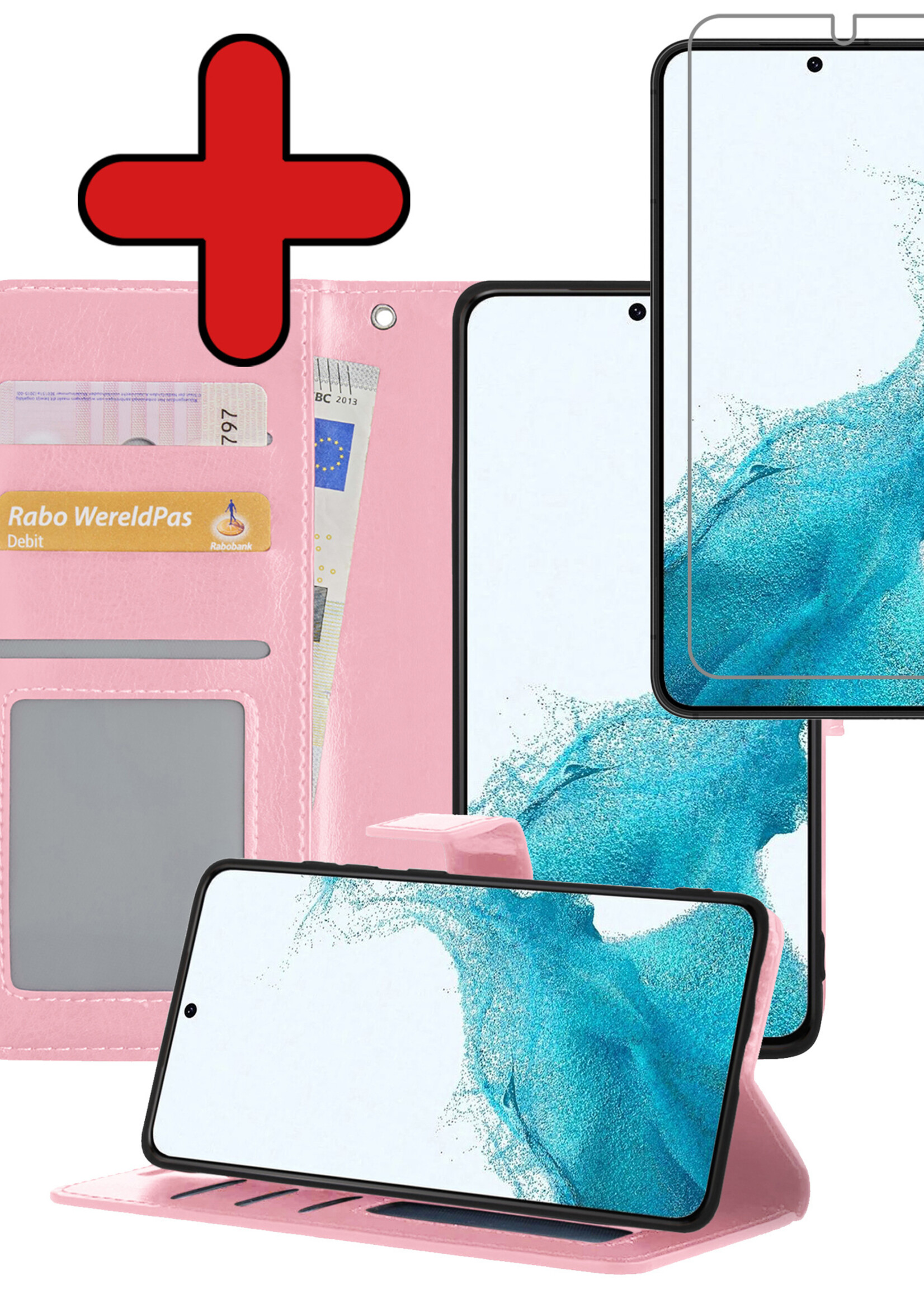 BTH Hoesje Geschikt voor Samsung S22 Plus Hoesje Book Case Hoes Portemonnee Cover Walletcase Met Screenprotector - Hoes Geschikt voor Samsung Galaxy S22 Plus Hoes Bookcase Hoesje - Lichtroze