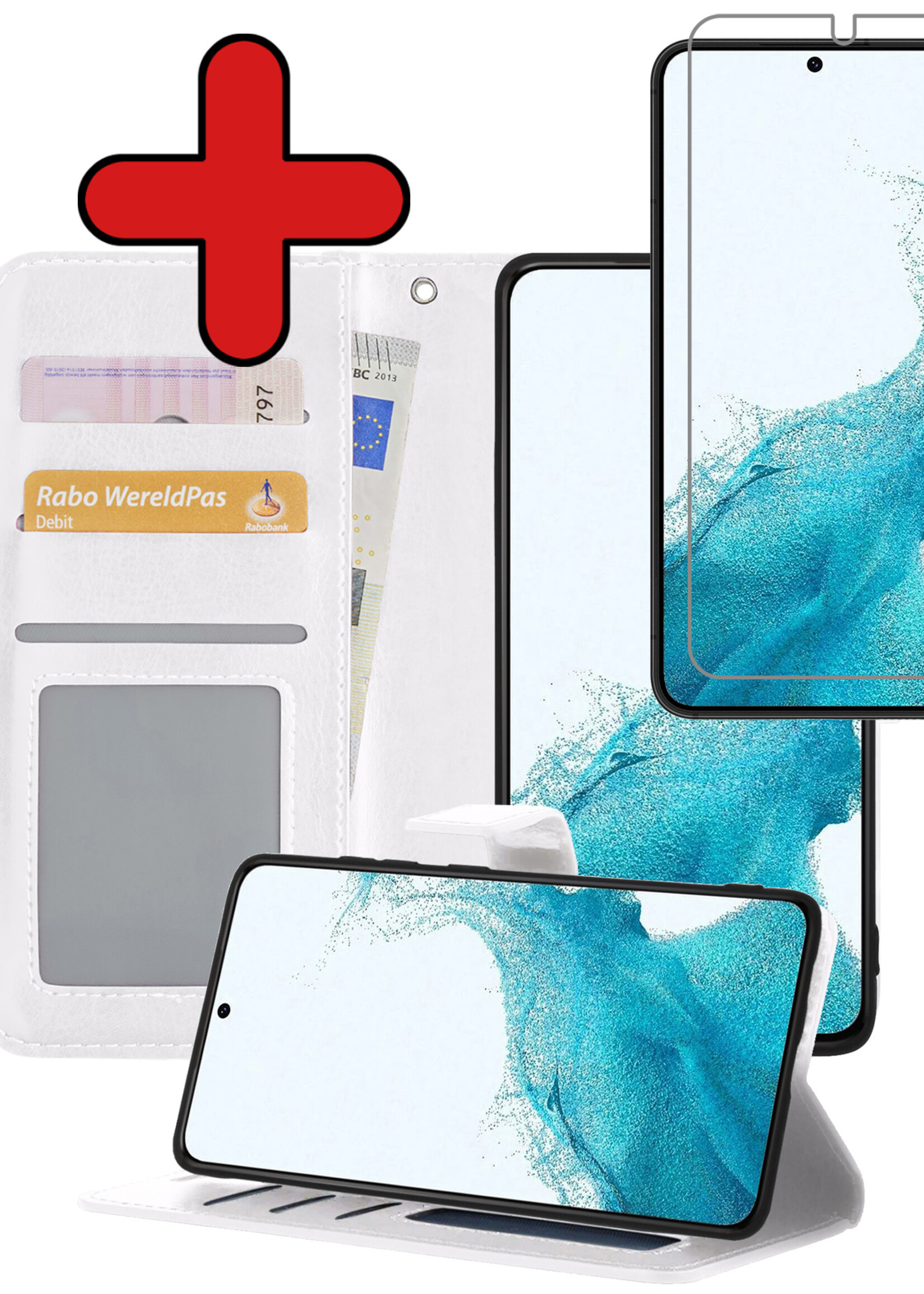 BTH Hoesje Geschikt voor Samsung S22 Plus Hoesje Book Case Hoes Portemonnee Cover Walletcase Met Screenprotector - Hoes Geschikt voor Samsung Galaxy S22 Plus Hoes Bookcase Hoesje - Wit