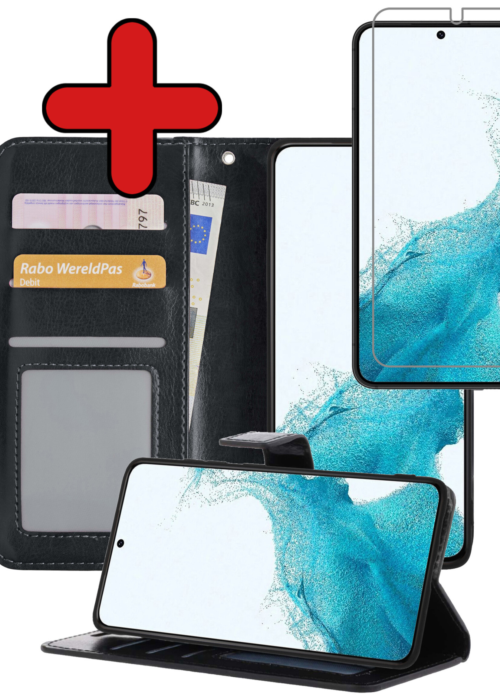 BTH Hoesje Geschikt voor Samsung S22 Plus Hoesje Book Case Hoes Portemonnee Cover Walletcase Met Screenprotector - Hoes Geschikt voor Samsung Galaxy S22 Plus Hoes Bookcase Hoesje - Zwart