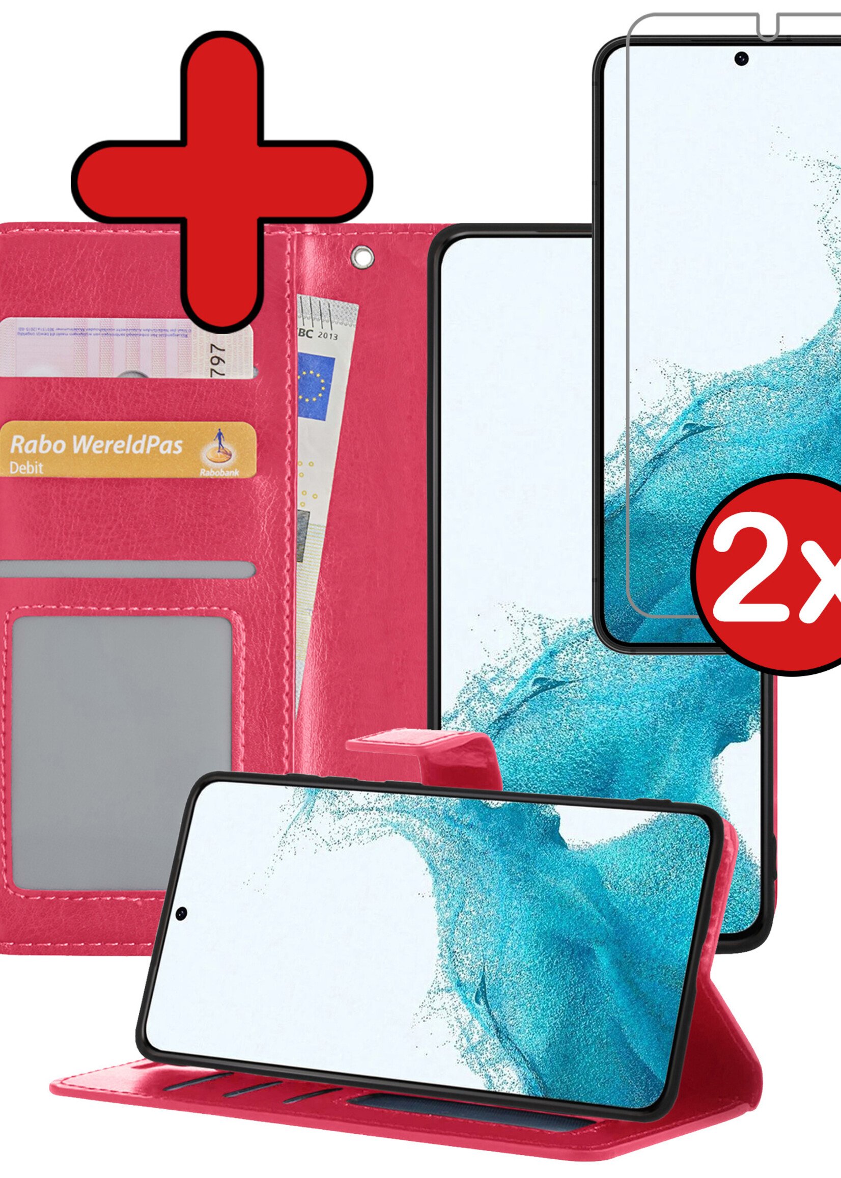 BTH Hoesje Geschikt voor Samsung S22 Plus Hoesje Book Case Hoes Portemonnee Cover Walletcase Met 2x Screenprotector - Hoes Geschikt voor Samsung Galaxy S22 Plus Hoes Bookcase Hoesje - Donkerroze