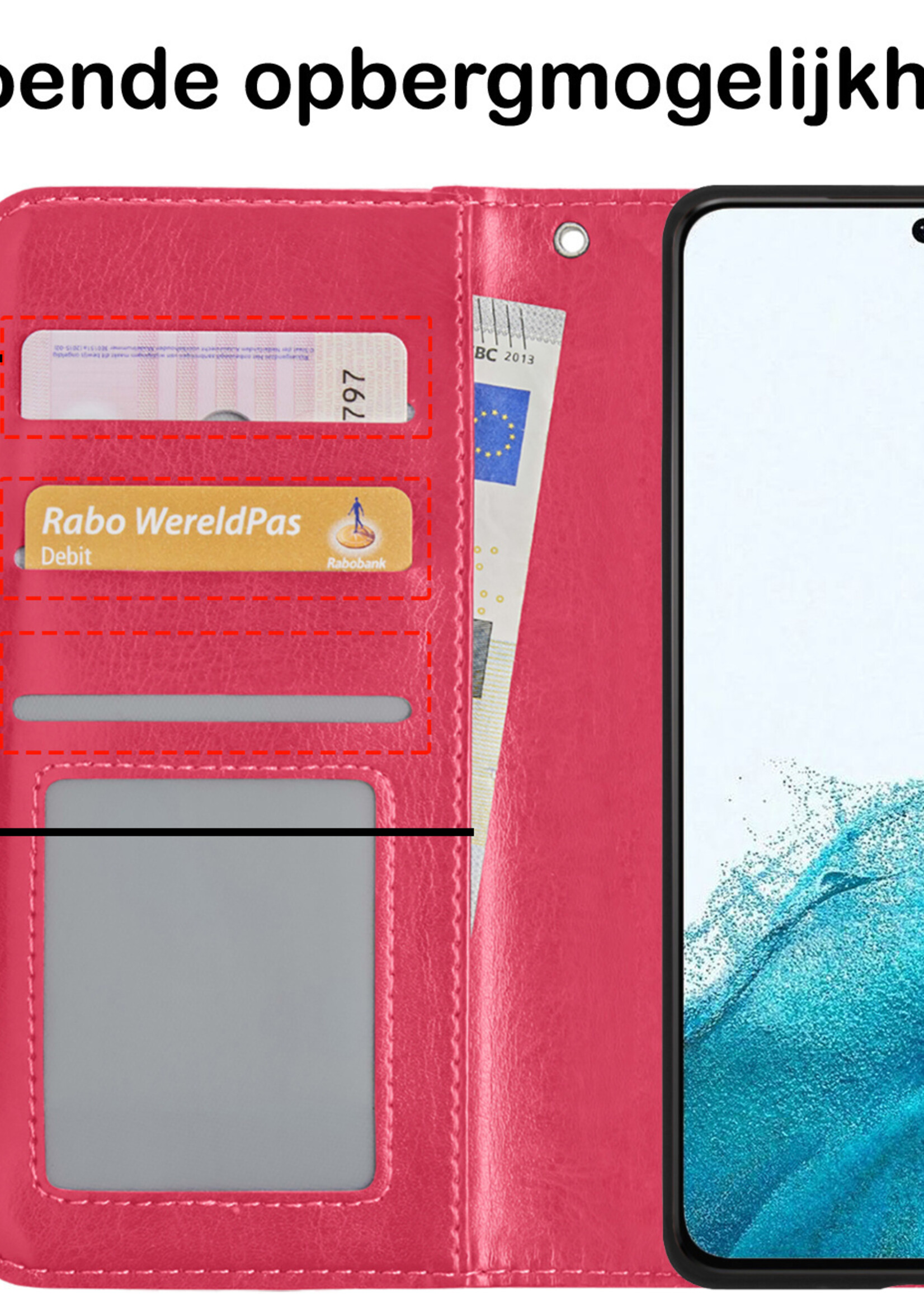 BTH Hoesje Geschikt voor Samsung S22 Plus Hoesje Book Case Hoes Portemonnee Cover Walletcase Met 2x Screenprotector - Hoes Geschikt voor Samsung Galaxy S22 Plus Hoes Bookcase Hoesje - Donkerroze