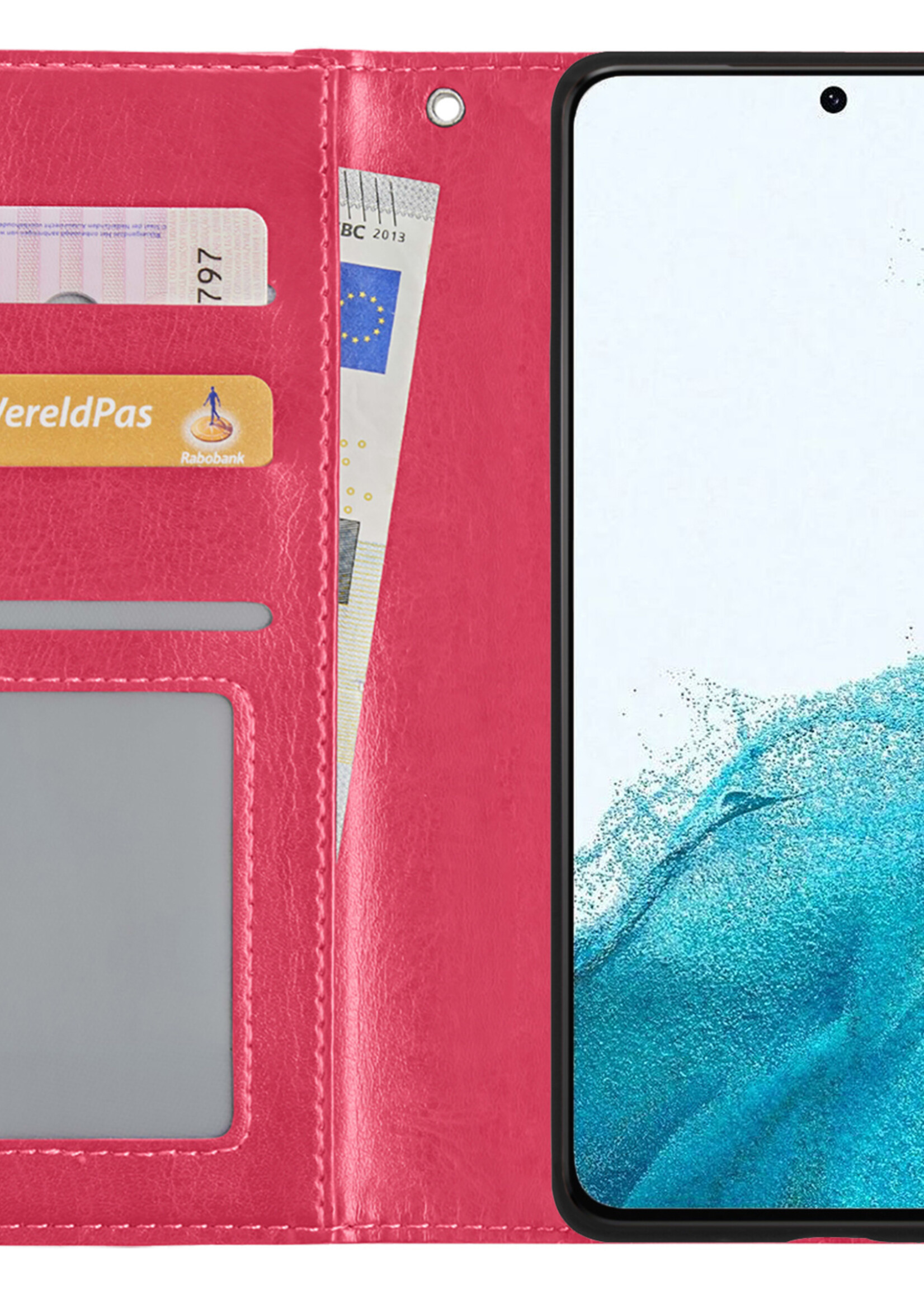 BTH Hoesje Geschikt voor Samsung S22 Plus Hoesje Book Case Hoes Portemonnee Cover Walletcase Met 2x Screenprotector - Hoes Geschikt voor Samsung Galaxy S22 Plus Hoes Bookcase Hoesje - Donkerroze