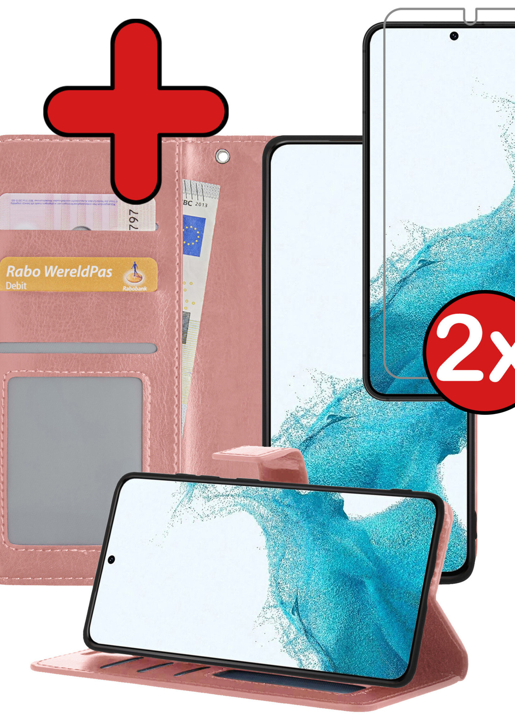 BTH Hoesje Geschikt voor Samsung S22 Plus Hoesje Book Case Hoes Portemonnee Cover Walletcase Met 2x Screenprotector - Hoes Geschikt voor Samsung Galaxy S22 Plus Hoes Bookcase Hoesje - Rosé goud