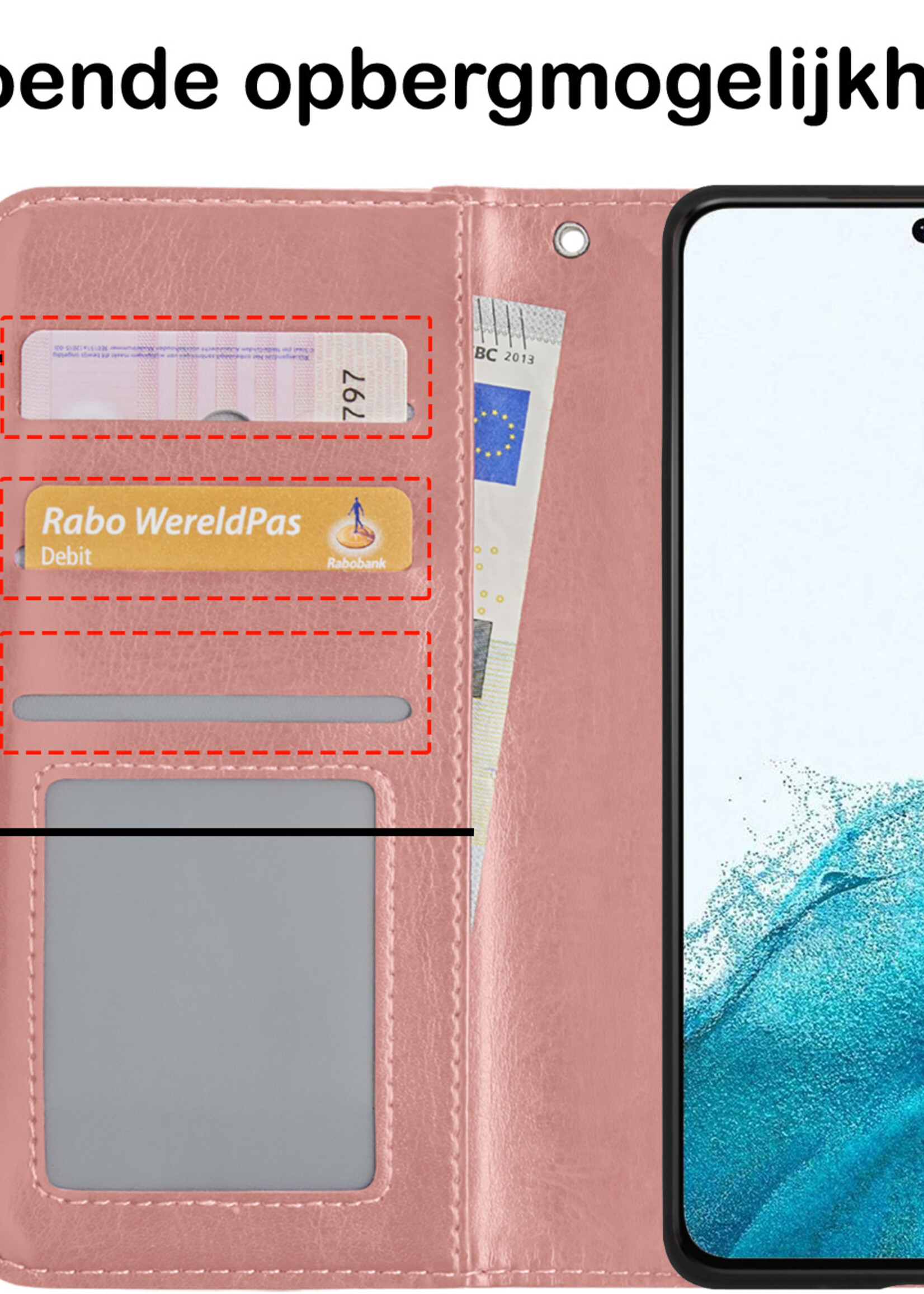 BTH Hoesje Geschikt voor Samsung S22 Plus Hoesje Book Case Hoes Portemonnee Cover Walletcase Met 2x Screenprotector - Hoes Geschikt voor Samsung Galaxy S22 Plus Hoes Bookcase Hoesje - Rosé goud