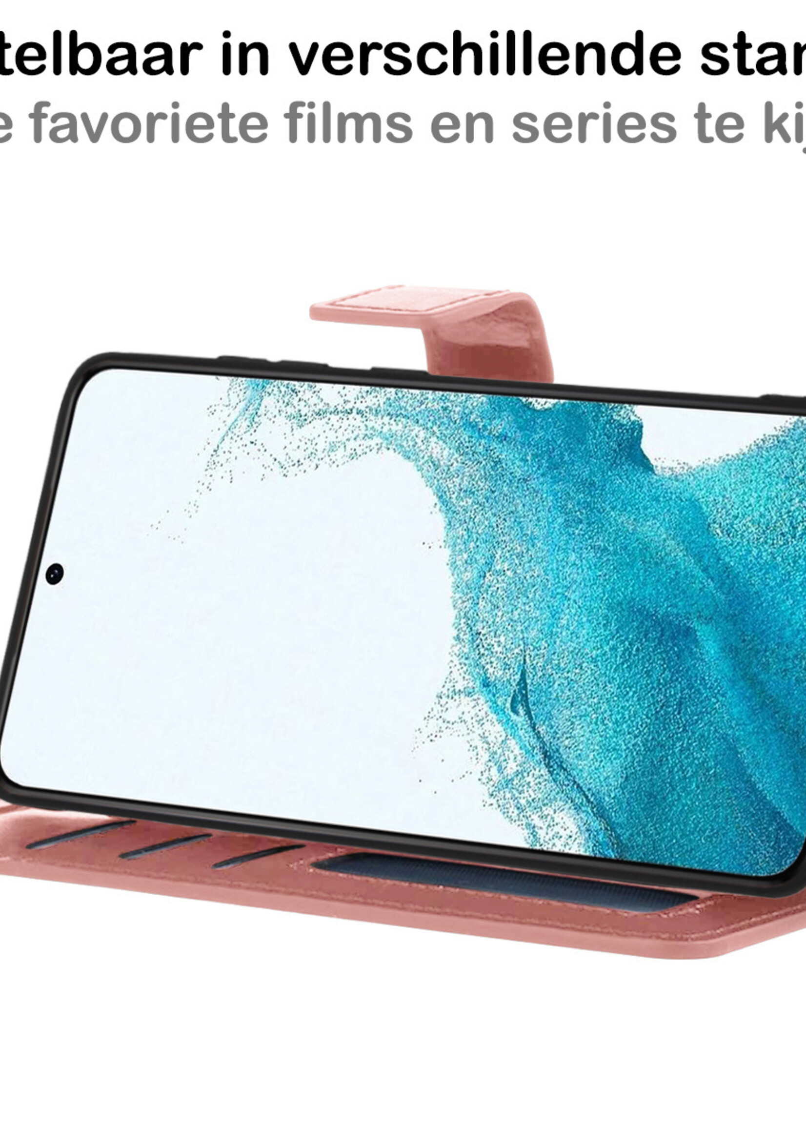 BTH Hoesje Geschikt voor Samsung S22 Plus Hoesje Book Case Hoes Portemonnee Cover Walletcase Met 2x Screenprotector - Hoes Geschikt voor Samsung Galaxy S22 Plus Hoes Bookcase Hoesje - Rosé goud