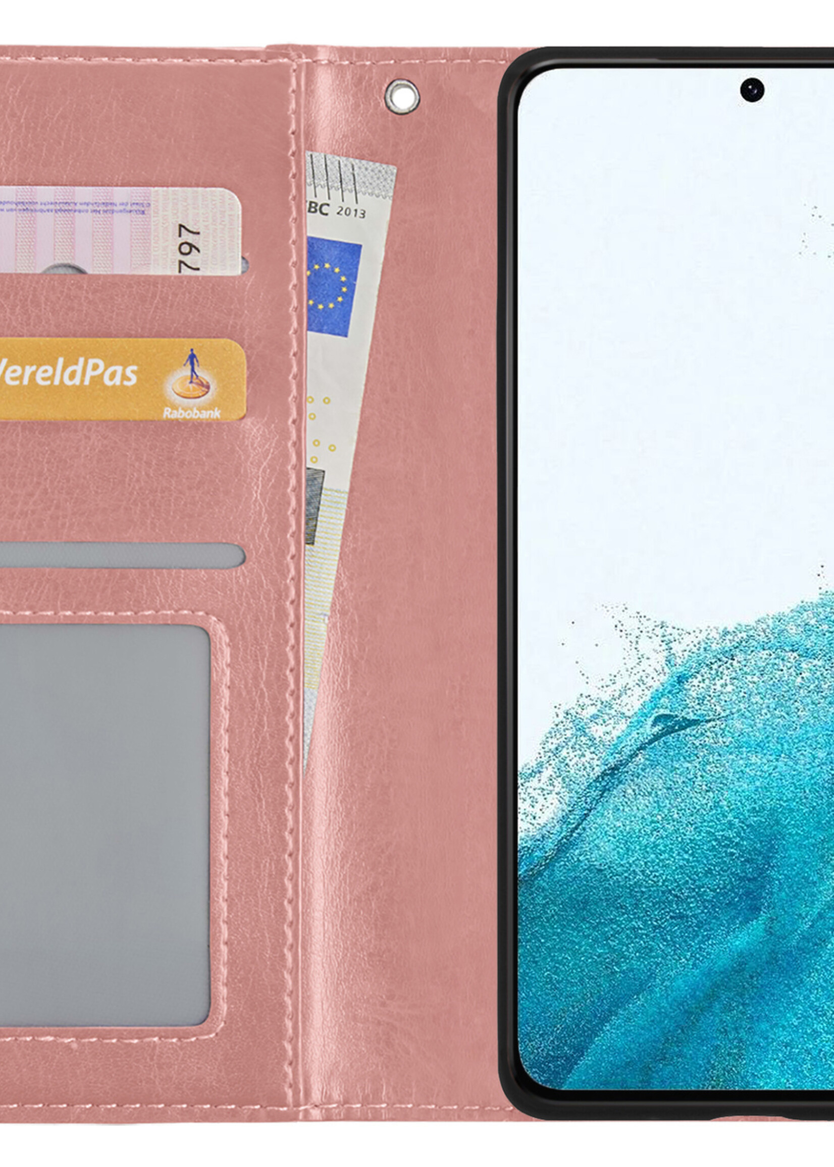 BTH Hoesje Geschikt voor Samsung S22 Plus Hoesje Book Case Hoes Portemonnee Cover Walletcase Met 2x Screenprotector - Hoes Geschikt voor Samsung Galaxy S22 Plus Hoes Bookcase Hoesje - Rosé goud