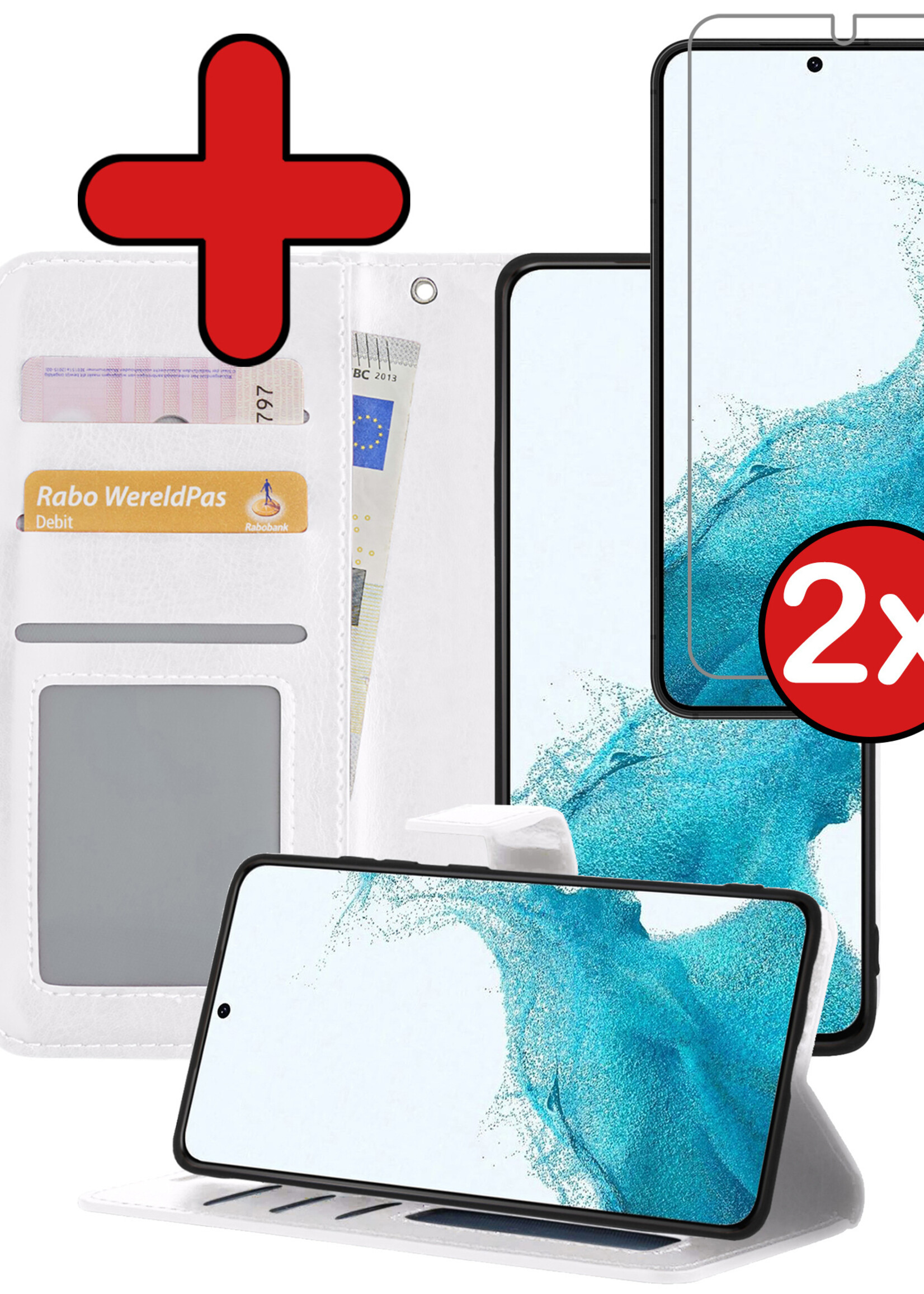 BTH Hoesje Geschikt voor Samsung S22 Plus Hoesje Book Case Hoes Portemonnee Cover Walletcase Met 2x Screenprotector - Hoes Geschikt voor Samsung Galaxy S22 Plus Hoes Bookcase Hoesje - Wit