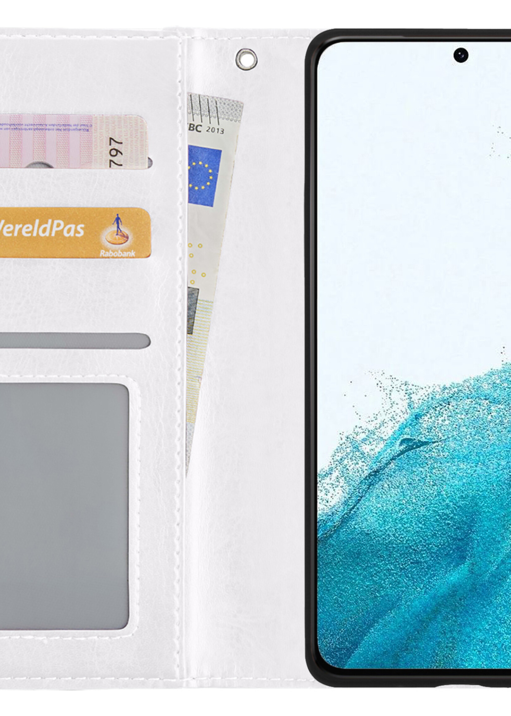 BTH Hoesje Geschikt voor Samsung S22 Plus Hoesje Book Case Hoes Portemonnee Cover Walletcase Met 2x Screenprotector - Hoes Geschikt voor Samsung Galaxy S22 Plus Hoes Bookcase Hoesje - Wit