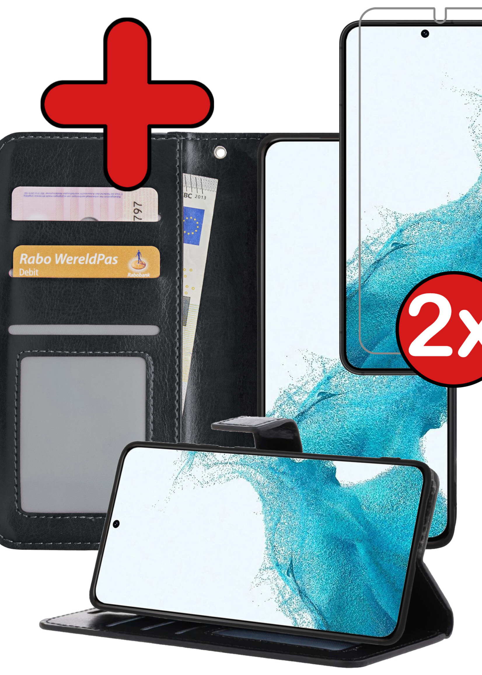 BTH Hoesje Geschikt voor Samsung S22 Plus Hoesje Book Case Hoes Portemonnee Cover Walletcase Met 2x Screenprotector - Hoes Geschikt voor Samsung Galaxy S22 Plus Hoes Bookcase Hoesje - Zwart