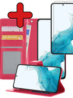 BTH BTH Samsung Galaxy S22 Ultra Hoesje Bookcase Donkerroze Met Screenprotector