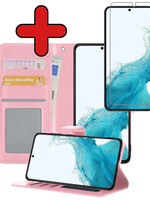BTH BTH Samsung Galaxy S22 Ultra Hoesje Bookcase Lichtroze Met Screenprotector
