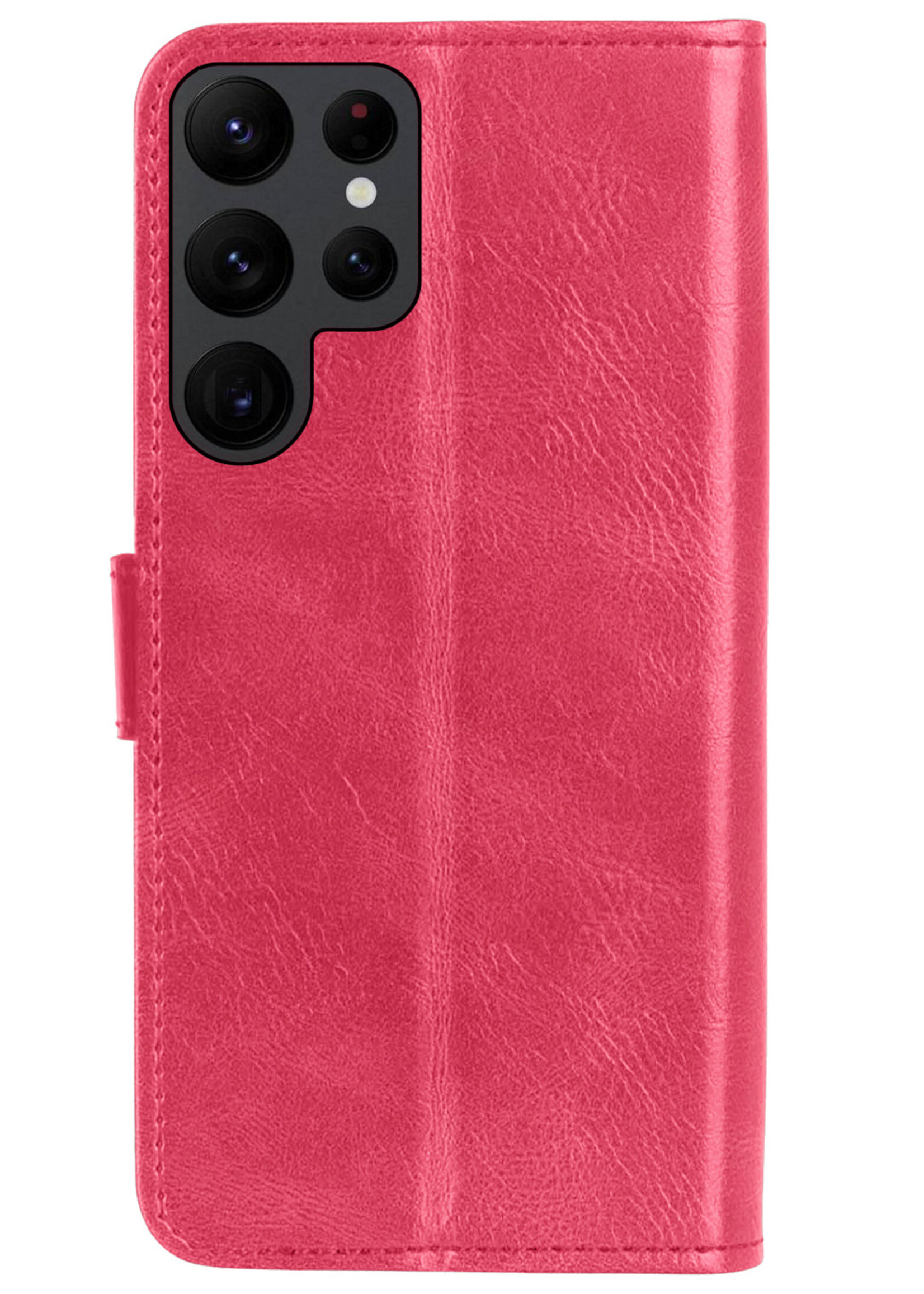 BTH Hoesje Geschikt voor Samsung S22 Ultra Hoesje Book Case Hoes Portemonnee Cover Walletcase Met 2x Screenprotector - Hoes Geschikt voor Samsung Galaxy S22 Ultra Hoes Bookcase Hoesje - Donkerroze