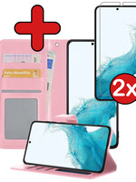 BTH BTH Samsung Galaxy S22 Ultra Hoesje Bookcase Lichtroze Met 2x Screenprotector