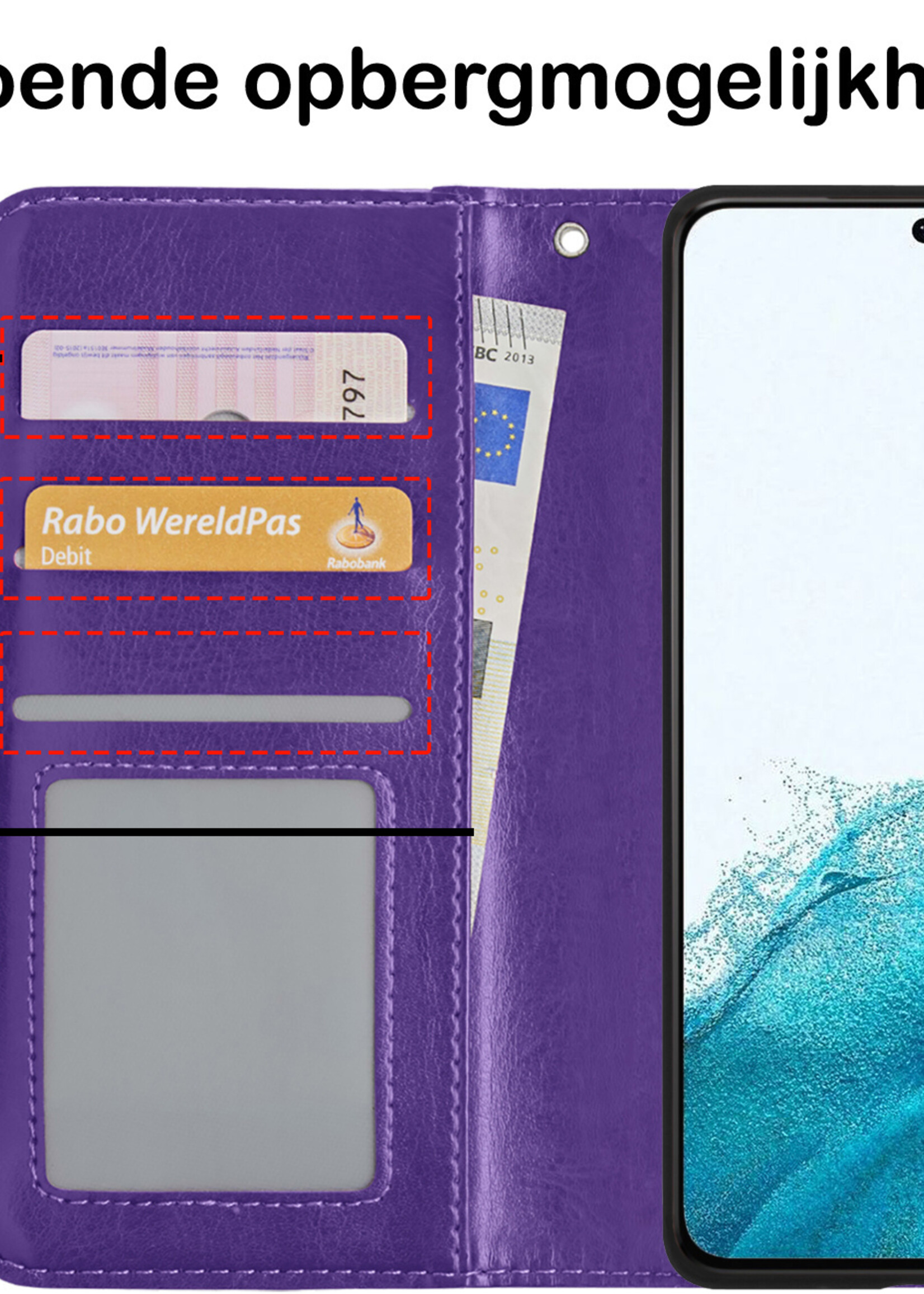 BTH Hoesje Geschikt voor Samsung S22 Ultra Hoesje Book Case Hoes Portemonnee Cover Walletcase Met 2x Screenprotector - Hoes Geschikt voor Samsung Galaxy S22 Ultra Hoes Bookcase Hoesje - Paars