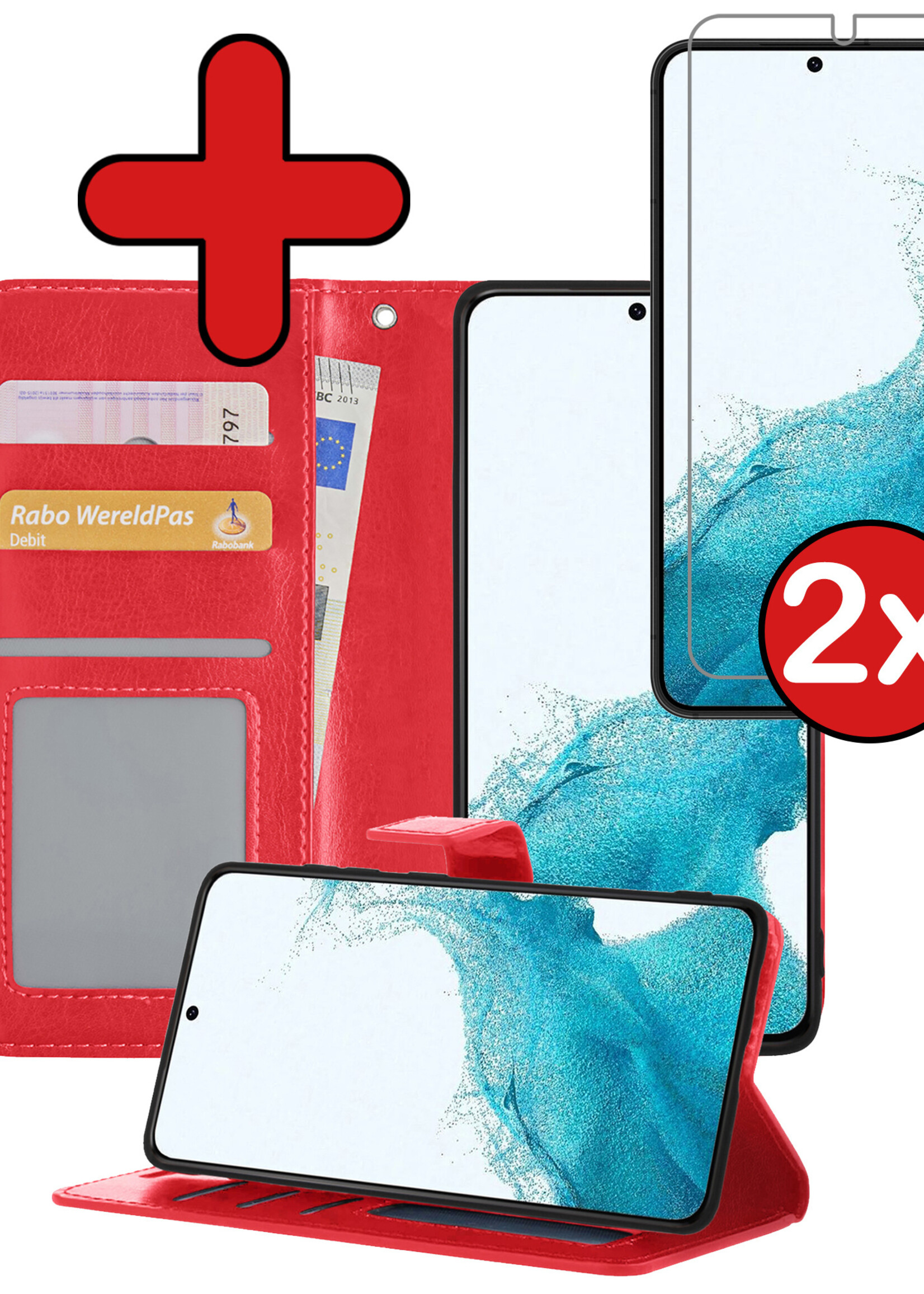BTH Hoesje Geschikt voor Samsung S22 Ultra Hoesje Book Case Hoes Portemonnee Cover Walletcase Met 2x Screenprotector - Hoes Geschikt voor Samsung Galaxy S22 Ultra Hoes Bookcase Hoesje - Rood