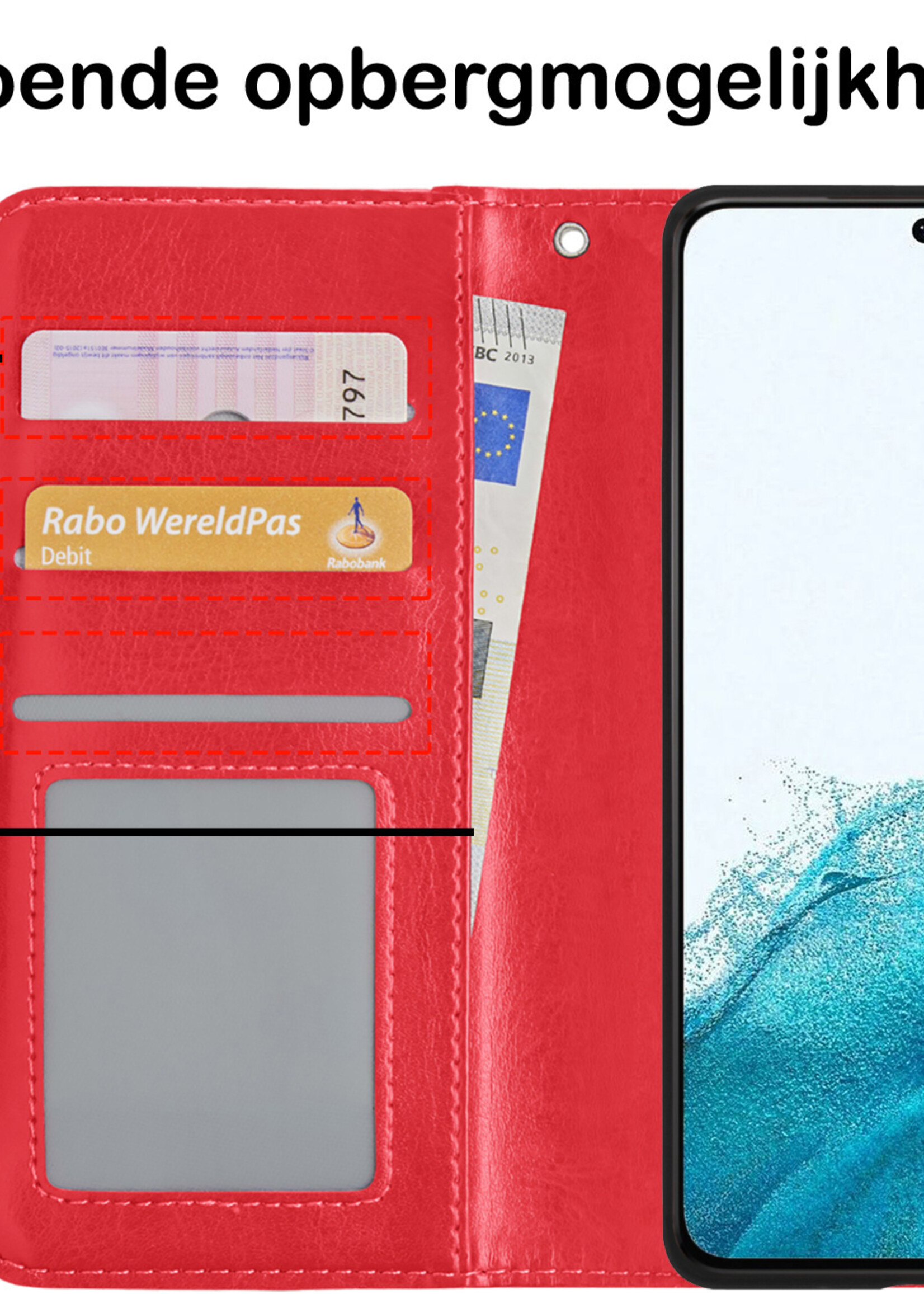 BTH Hoesje Geschikt voor Samsung S22 Ultra Hoesje Book Case Hoes Portemonnee Cover Walletcase Met 2x Screenprotector - Hoes Geschikt voor Samsung Galaxy S22 Ultra Hoes Bookcase Hoesje - Rood