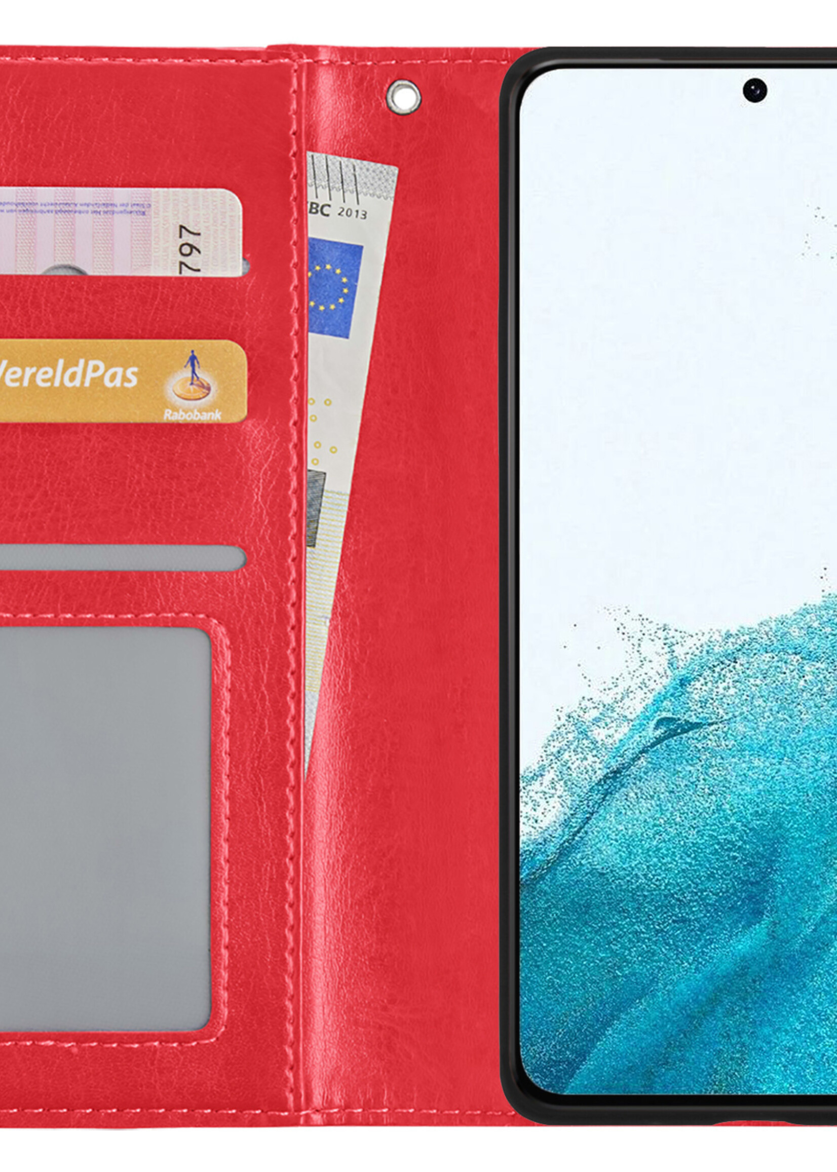 BTH Hoesje Geschikt voor Samsung S22 Ultra Hoesje Book Case Hoes Portemonnee Cover Walletcase Met 2x Screenprotector - Hoes Geschikt voor Samsung Galaxy S22 Ultra Hoes Bookcase Hoesje - Rood