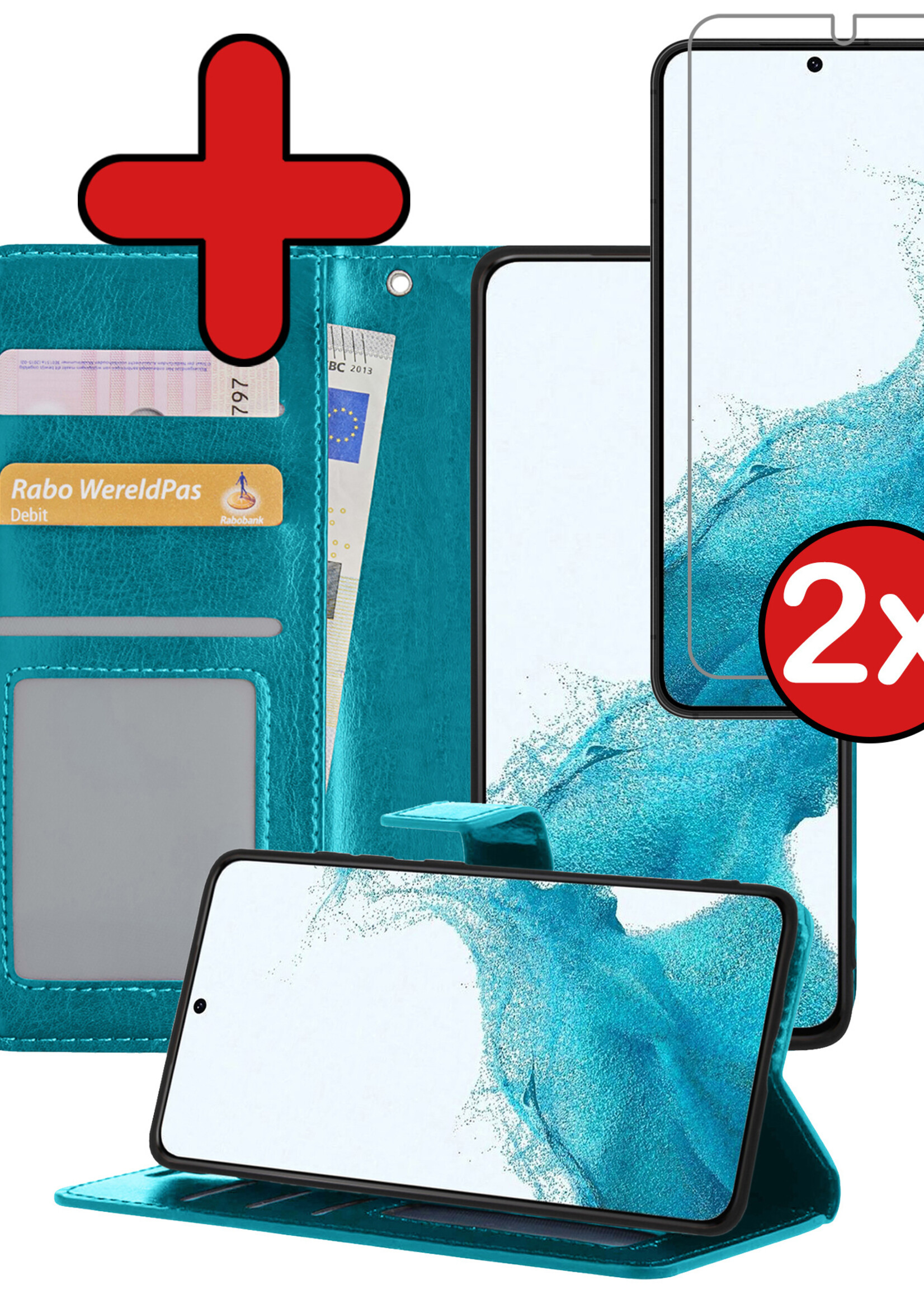 BTH Hoesje Geschikt voor Samsung S22 Ultra Hoesje Book Case Hoes Portemonnee Cover Walletcase Met 2x Screenprotector - Hoes Geschikt voor Samsung Galaxy S22 Ultra Hoes Bookcase Hoesje - Turquoise