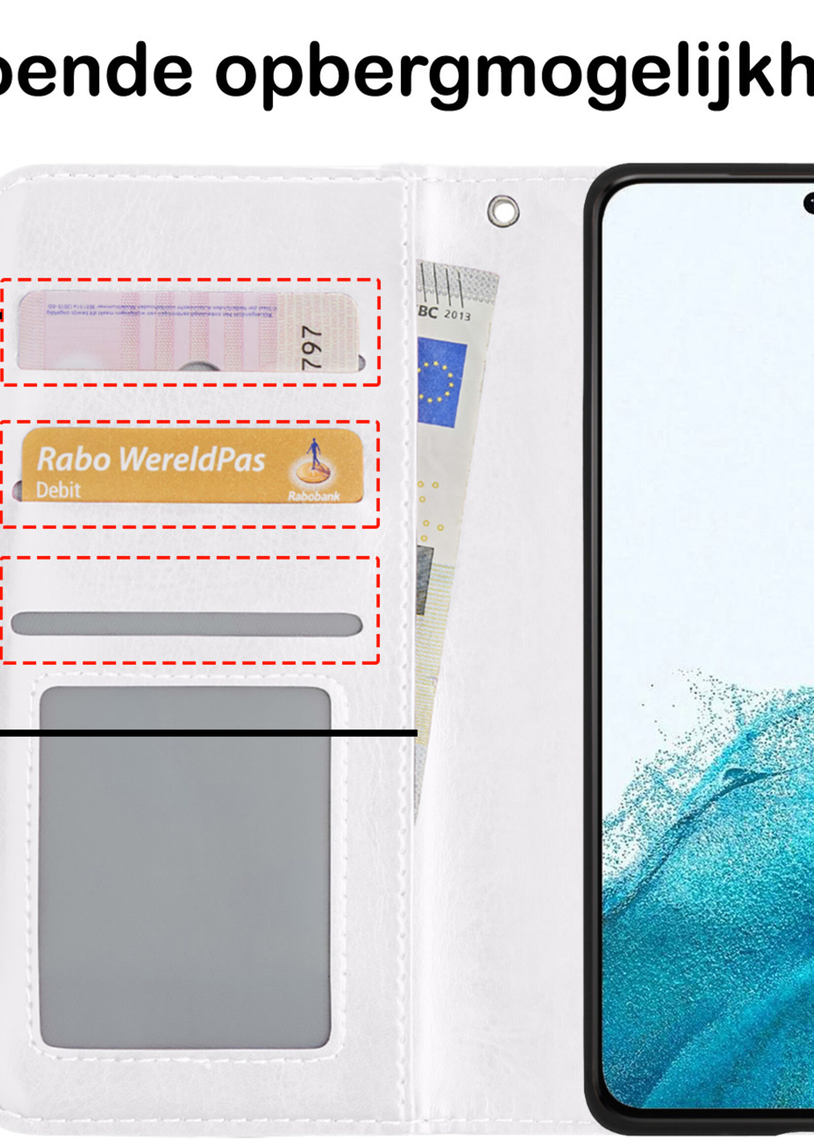 BTH Hoesje Geschikt voor Samsung S22 Ultra Hoesje Book Case Hoes Portemonnee Cover Walletcase Met 2x Screenprotector - Hoes Geschikt voor Samsung Galaxy S22 Ultra Hoes Bookcase Hoesje - Wit