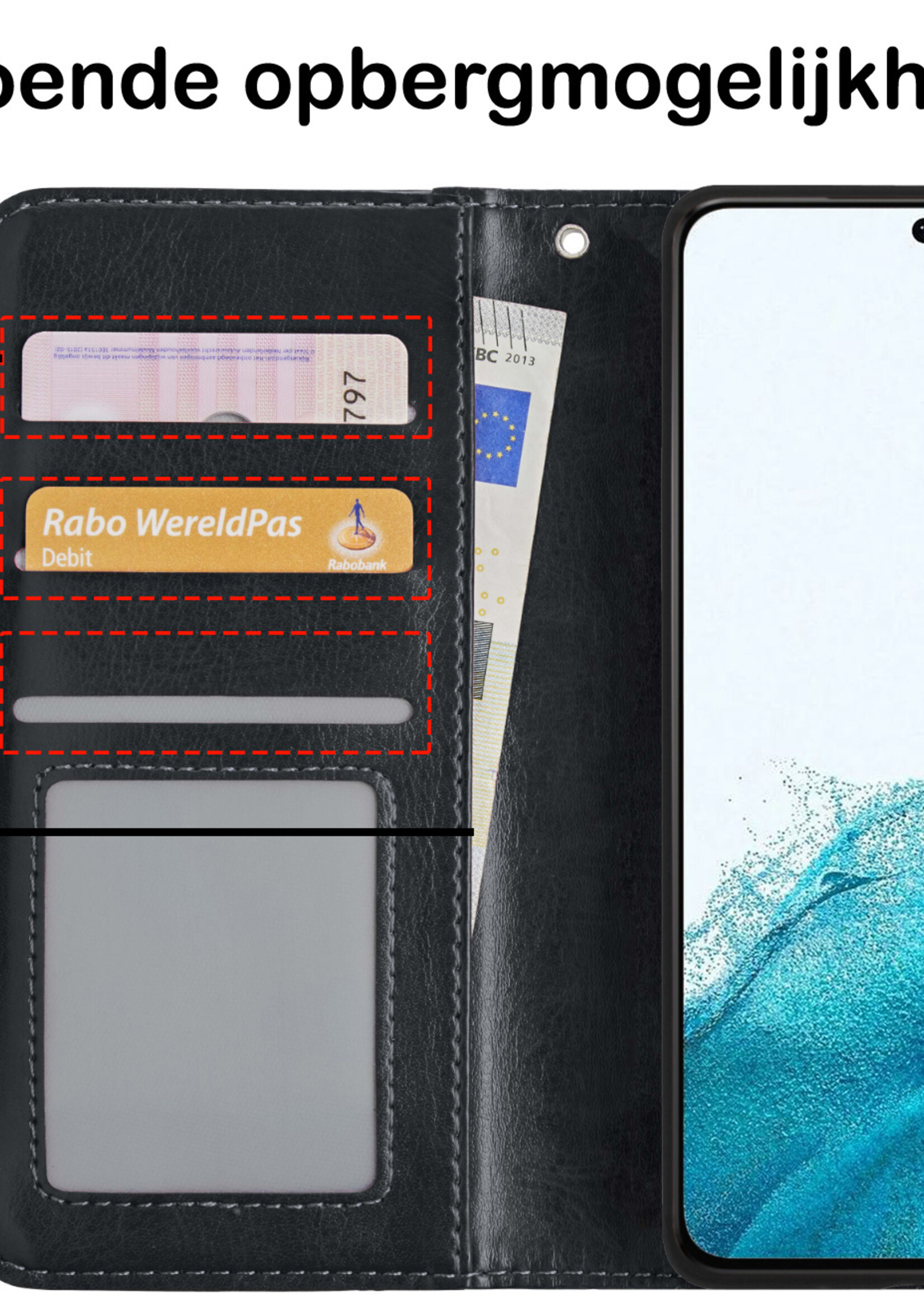 BTH Hoesje Geschikt voor Samsung S22 Ultra Hoesje Book Case Hoes Portemonnee Cover Walletcase Met 2x Screenprotector - Hoes Geschikt voor Samsung Galaxy S22 Ultra Hoes Bookcase Hoesje - Zwart