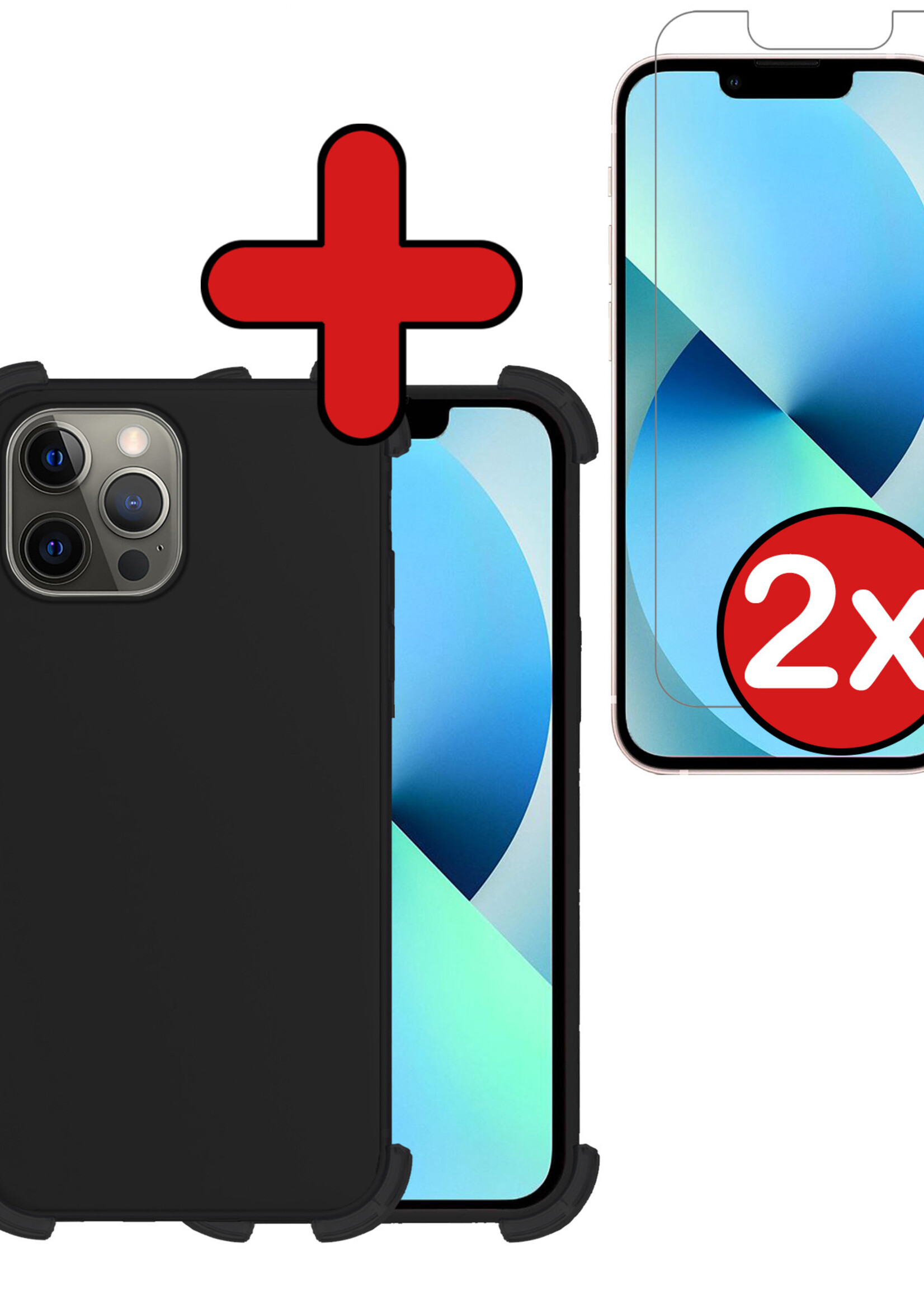 BTH Hoesje Geschikt voor iPhone 13 Pro Hoesje Siliconen Shock Proof Case Hoes Met 2x Screenprotector - Hoes Geschikt voor iPhone 13 Pro Hoes Cover Case Shockproof - Zwart