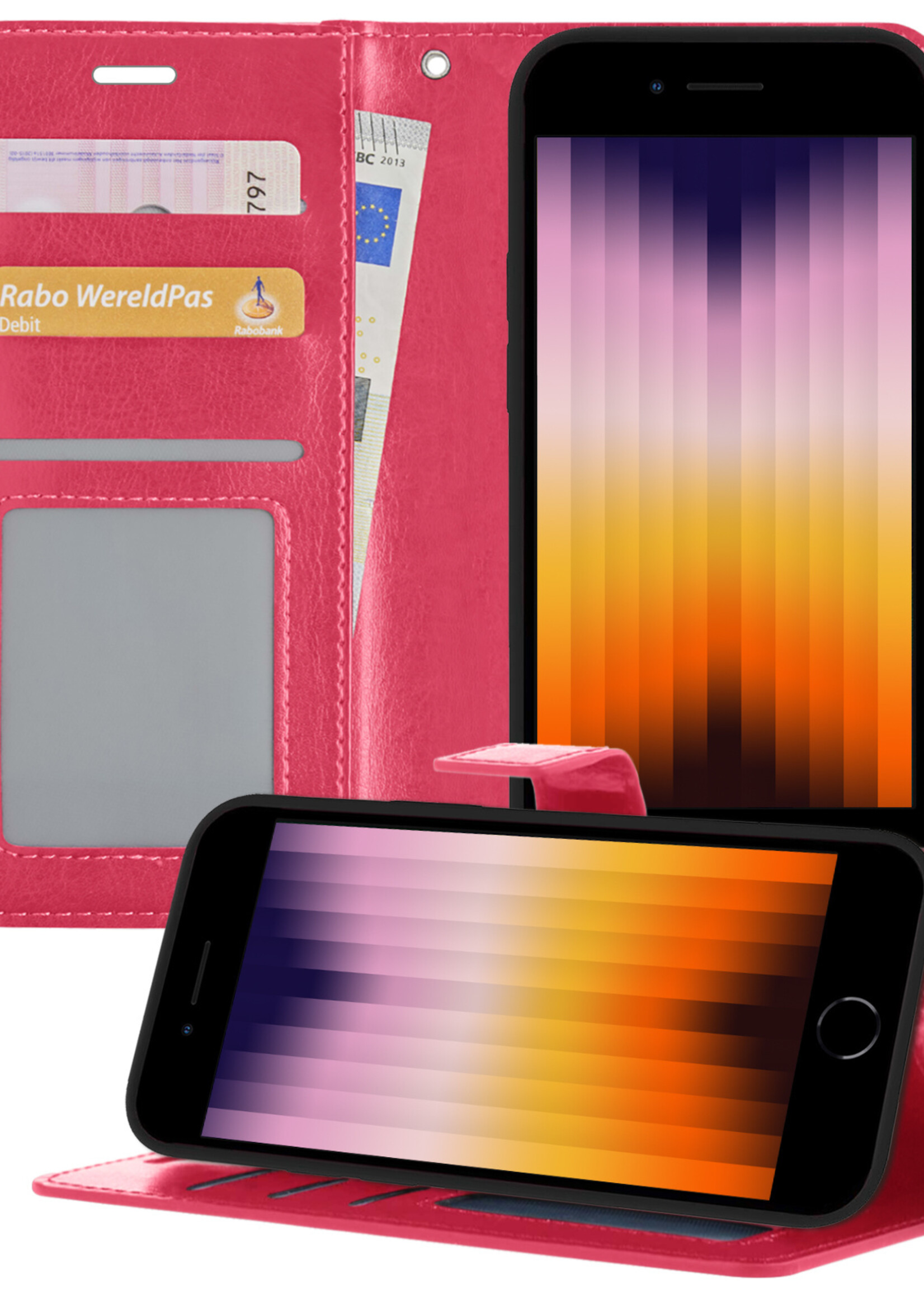 BTH Hoes voor iPhone SE 2022 Hoesje Book Case Hoes - Hoes voor iPhone SE 2022 Hoes Wallet Case Cover - Donker Roze