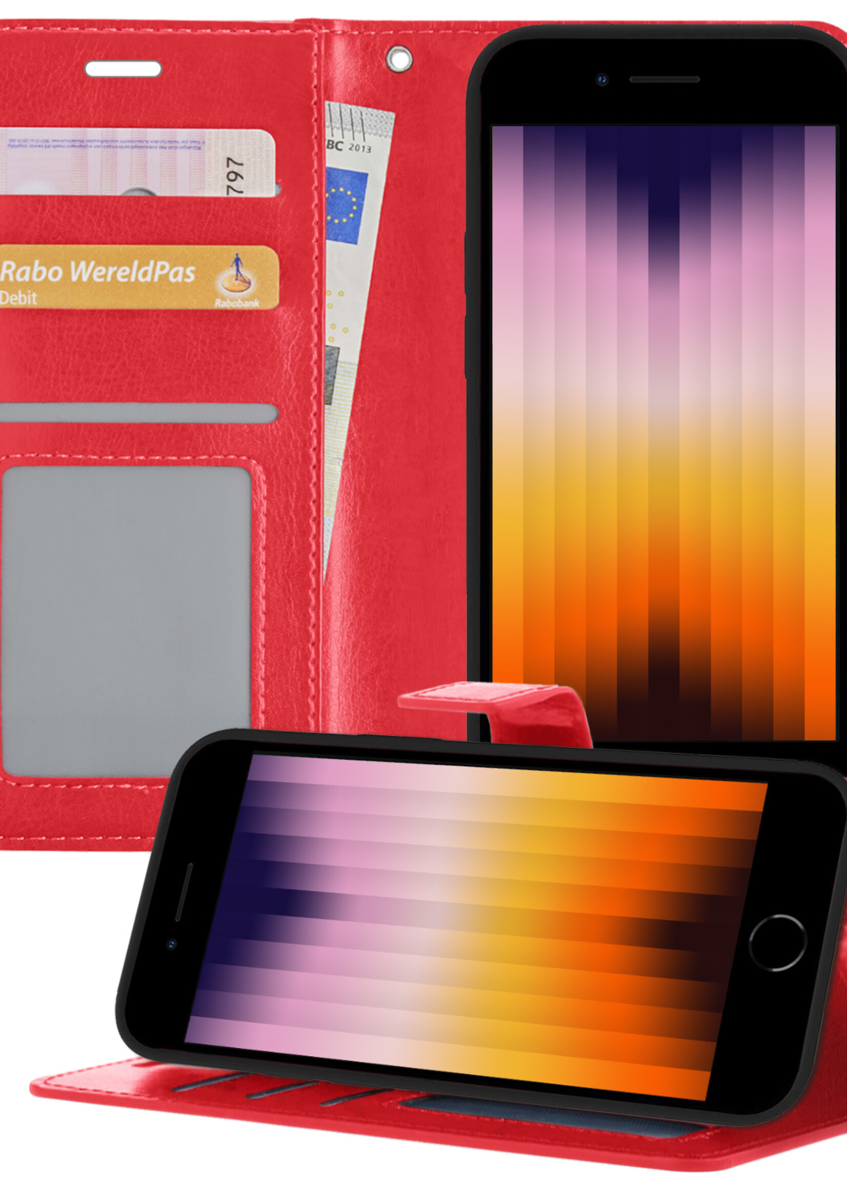 BTH Hoes voor iPhone SE 2022 Hoesje Book Case Hoes - Hoes voor iPhone SE 2022 Case Hoesje Portemonnee Cover - Hoes voor iPhone SE 2022 Hoes Wallet Case Hoesje - Rood