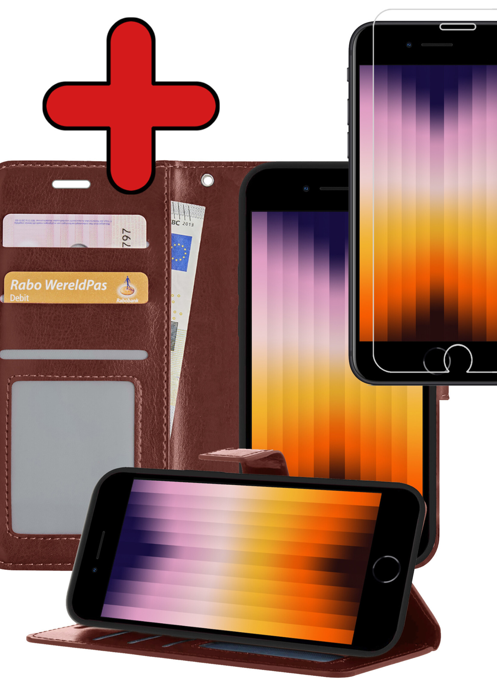 BTH Hoesje Geschikt voor iPhone SE 2022 Hoesje Book Case Hoes Portemonnee Cover Walletcase Met Screenprotector - Hoes Geschikt voor iPhone SE (2022) Hoes Bookcase Hoesje - Bruin