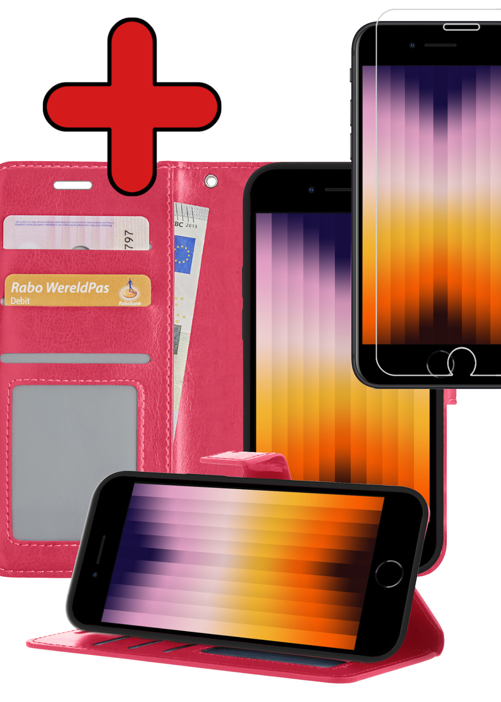 BTH Hoesje Geschikt voor iPhone SE 2022 Hoesje Book Case Hoes Portemonnee Cover Walletcase Met Screenprotector - Hoes Geschikt voor iPhone SE (2022) Hoes Bookcase Hoesje - Donkerroze