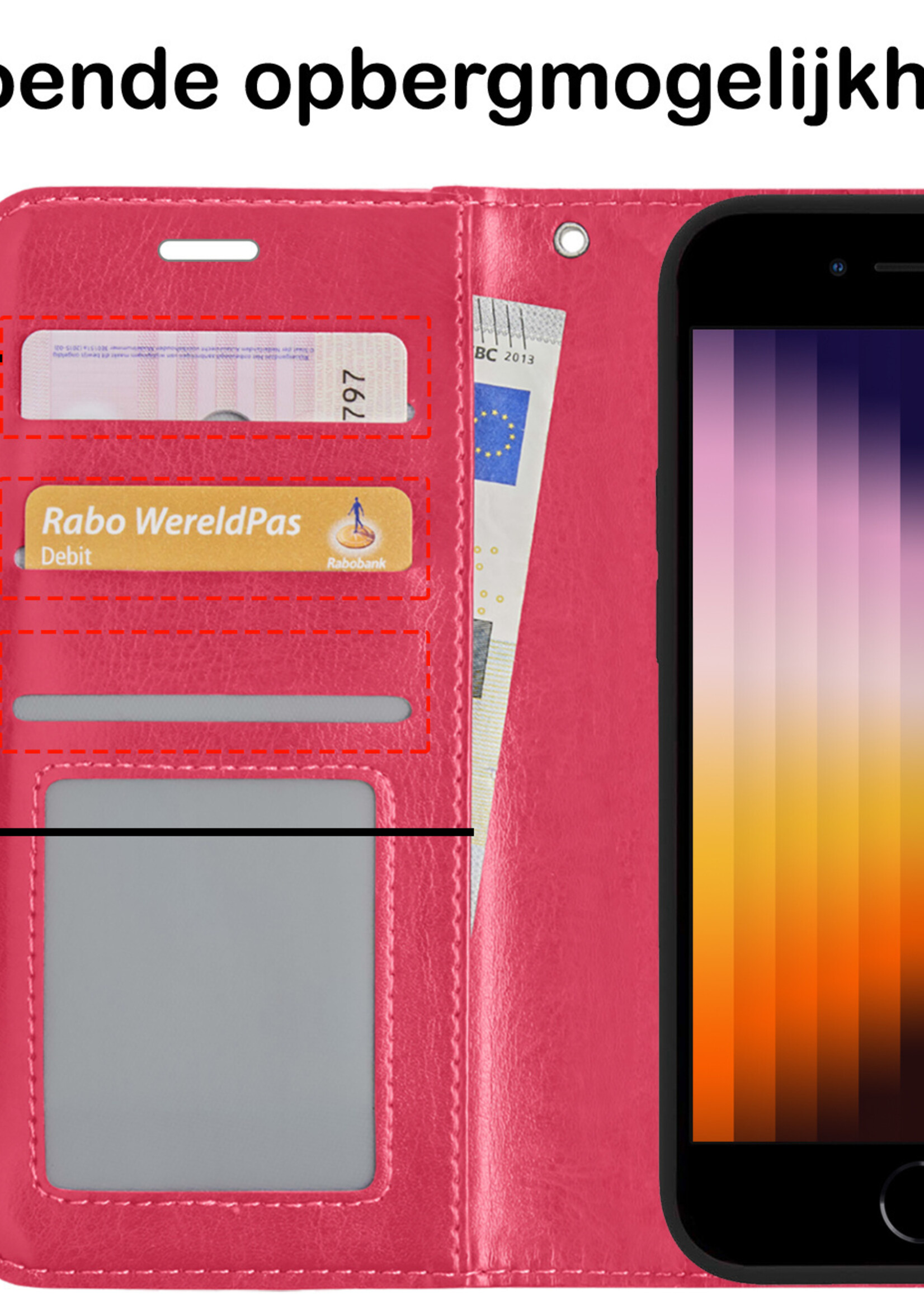 BTH Hoesje Geschikt voor iPhone SE 2022 Hoesje Book Case Hoes Portemonnee Cover Walletcase Met Screenprotector - Hoes Geschikt voor iPhone SE (2022) Hoes Bookcase Hoesje - Donkerroze