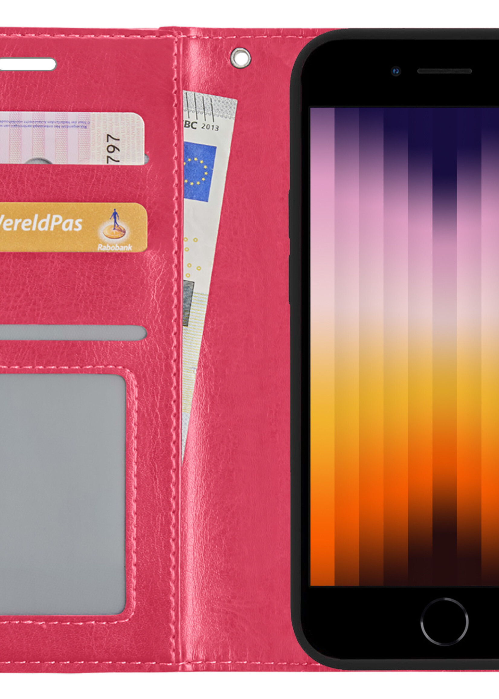 BTH Hoesje Geschikt voor iPhone SE 2022 Hoesje Book Case Hoes Portemonnee Cover Walletcase Met Screenprotector - Hoes Geschikt voor iPhone SE (2022) Hoes Bookcase Hoesje - Donkerroze