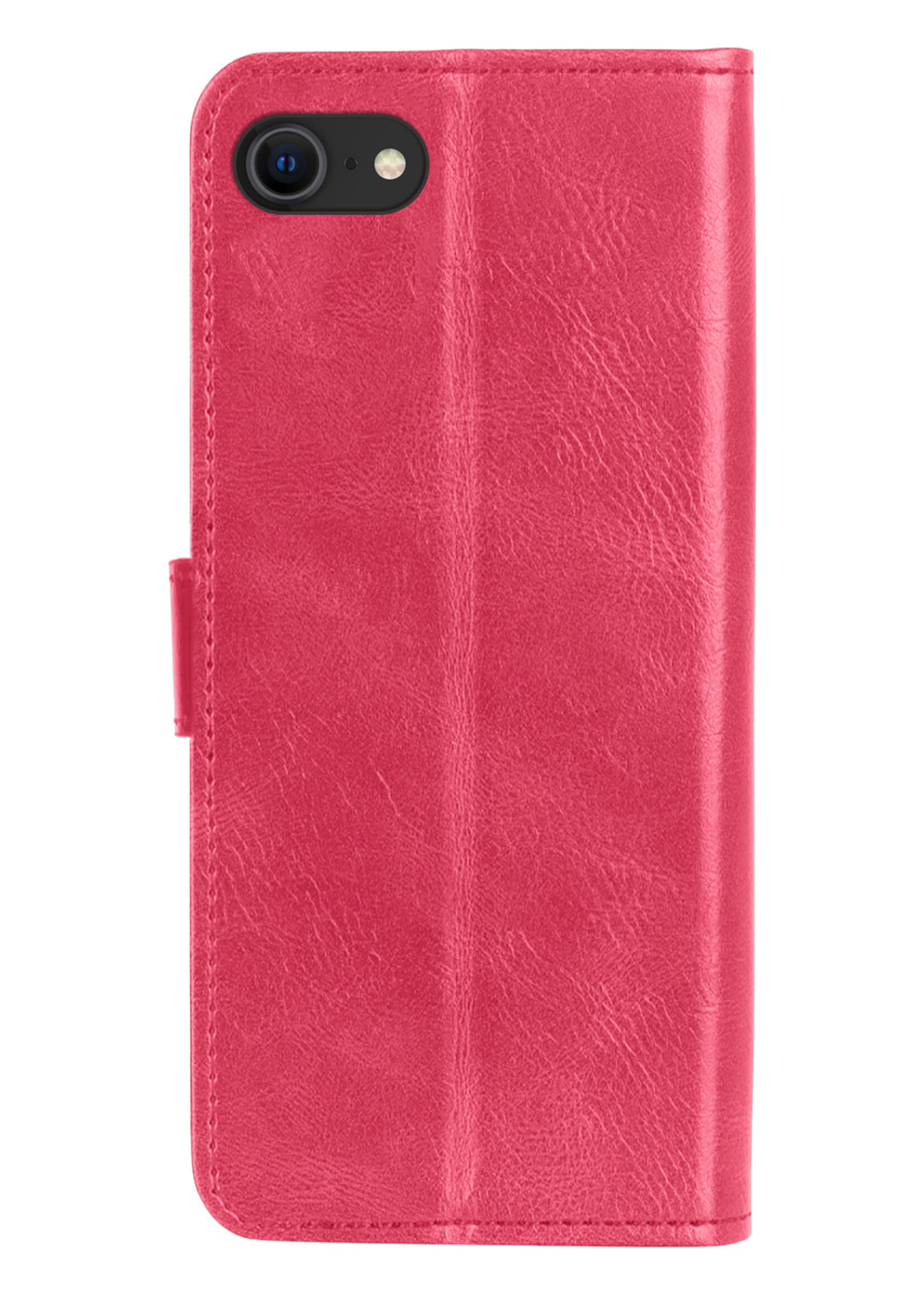 BTH Hoesje Geschikt voor iPhone SE 2022 Hoesje Book Case Hoes Portemonnee Cover Walletcase Met Screenprotector - Hoes Geschikt voor iPhone SE (2022) Hoes Bookcase Hoesje - Donkerroze
