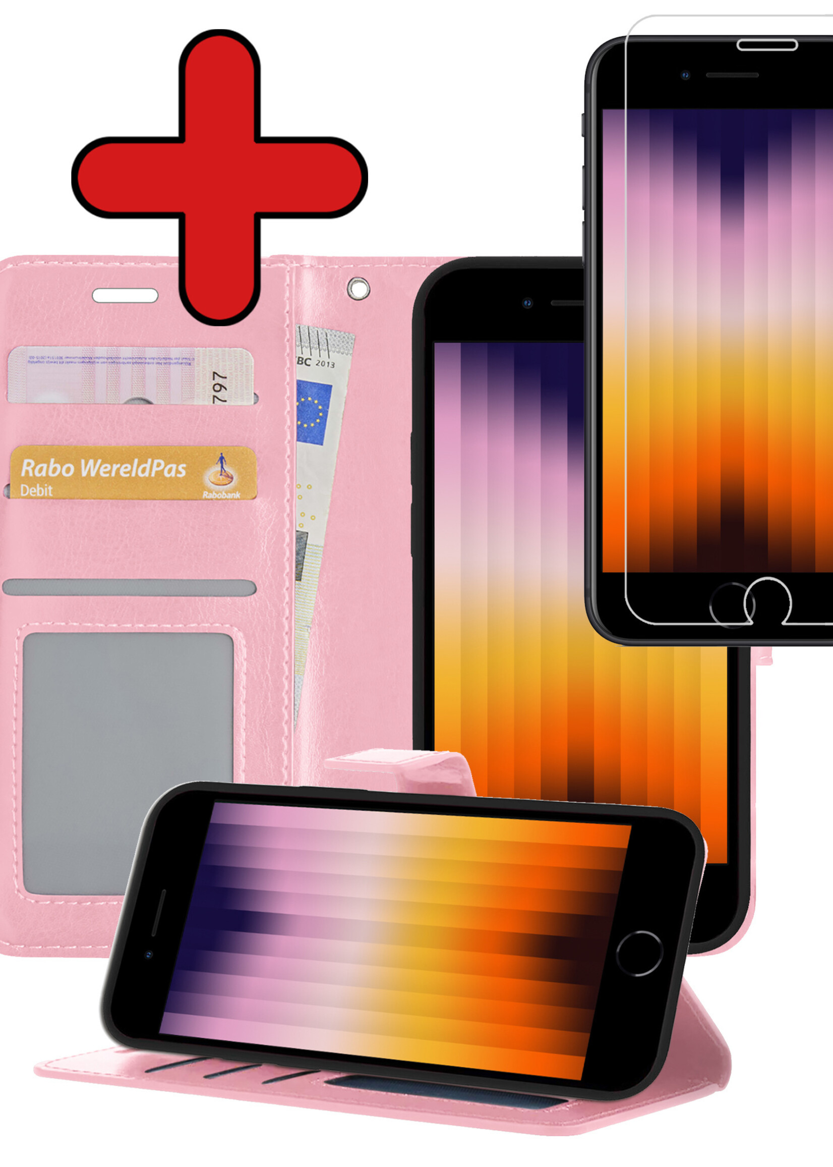 BTH Hoesje Geschikt voor iPhone SE 2022 Hoesje Book Case Hoes Portemonnee Cover Walletcase Met Screenprotector - Hoes Geschikt voor iPhone SE (2022) Hoes Bookcase Hoesje - Lichtroze