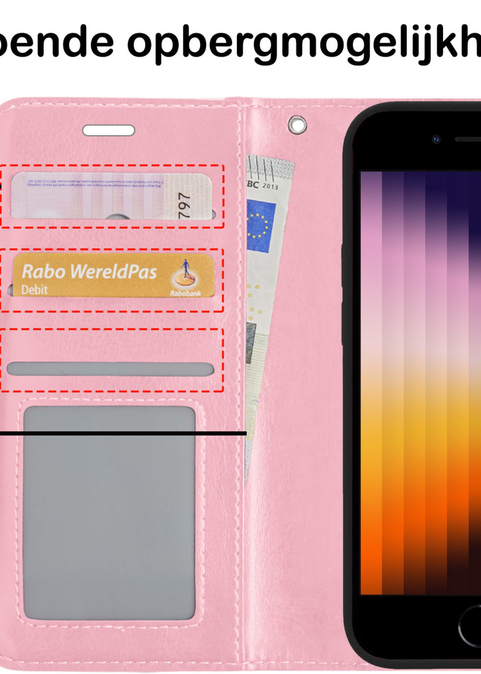 BTH Hoesje Geschikt voor iPhone SE 2022 Hoesje Book Case Hoes Portemonnee Cover Walletcase Met Screenprotector - Hoes Geschikt voor iPhone SE (2022) Hoes Bookcase Hoesje - Lichtroze