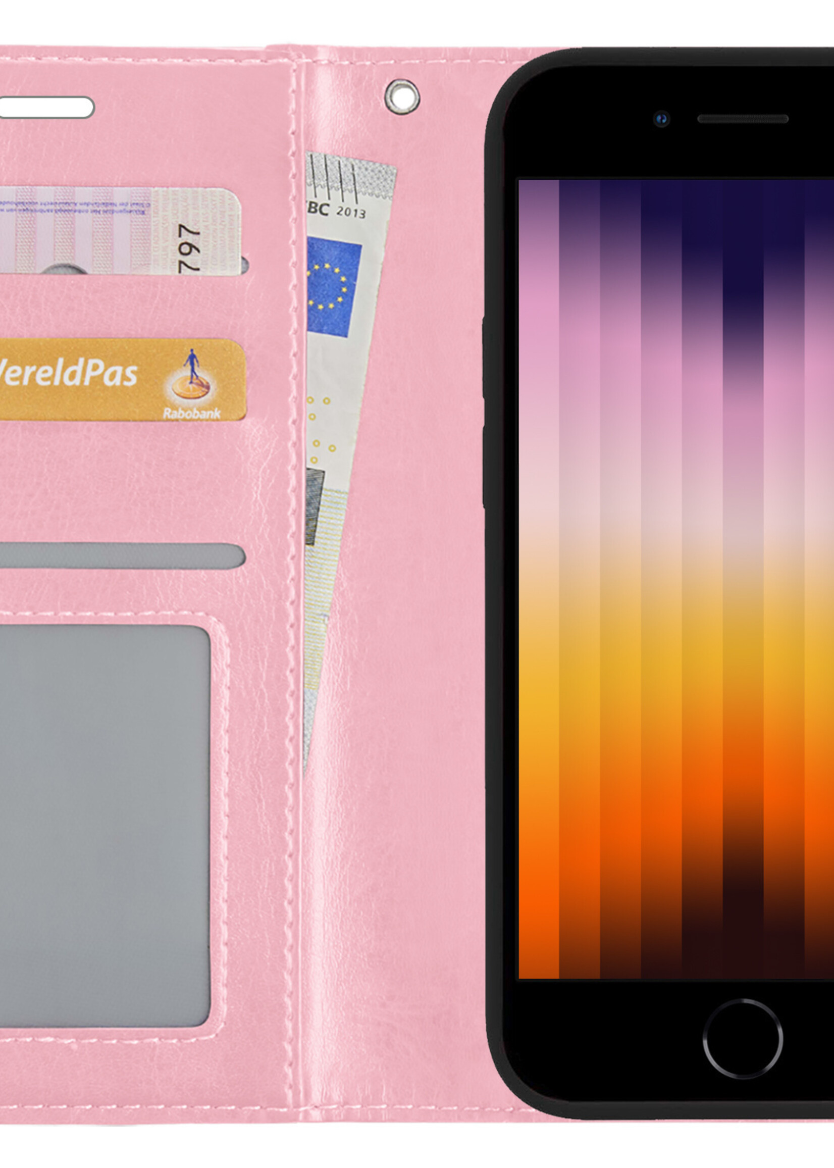 BTH Hoesje Geschikt voor iPhone SE 2022 Hoesje Book Case Hoes Portemonnee Cover Walletcase Met Screenprotector - Hoes Geschikt voor iPhone SE (2022) Hoes Bookcase Hoesje - Lichtroze