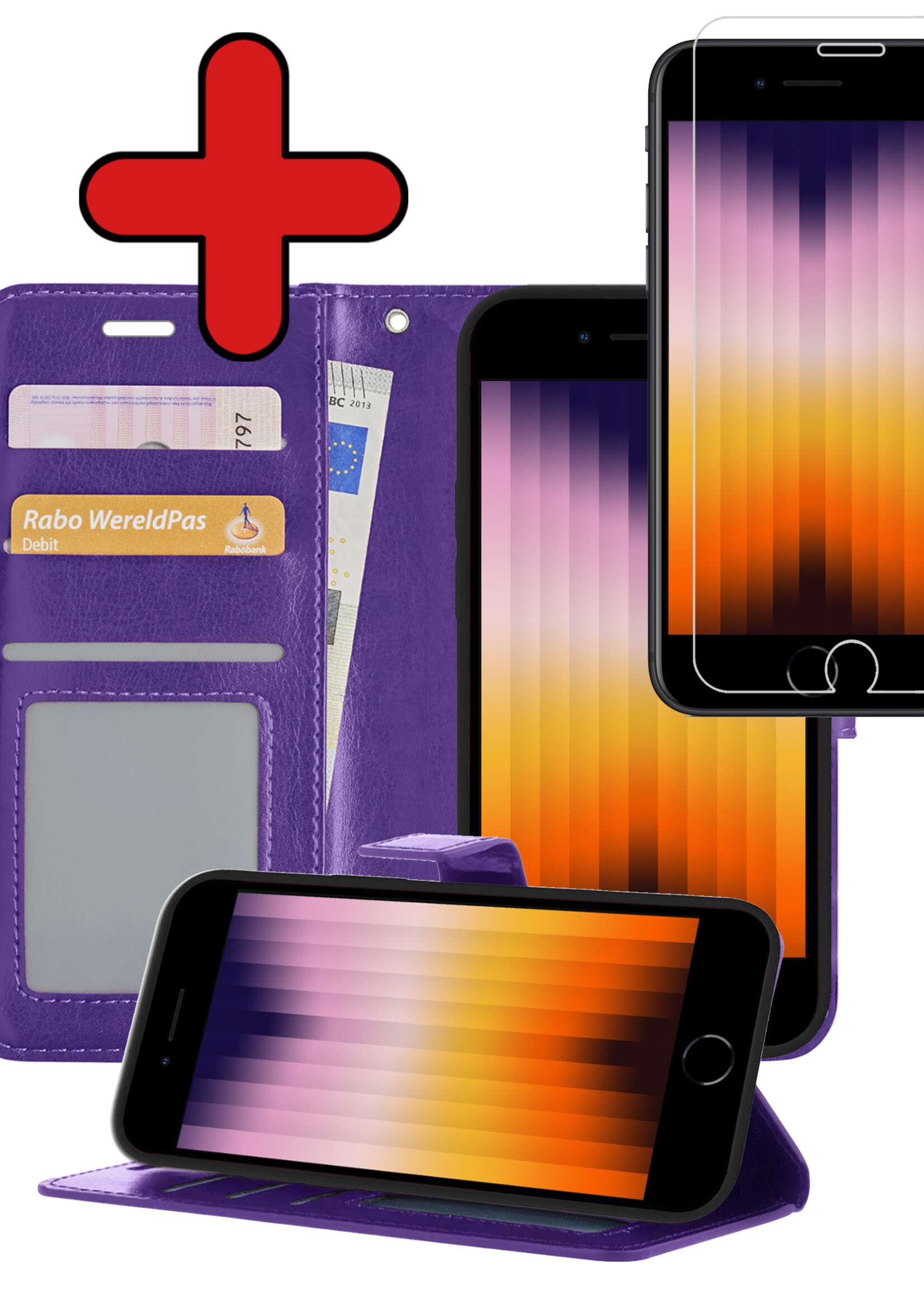 BTH Hoesje Geschikt voor iPhone SE 2022 Hoesje Book Case Hoes Portemonnee Cover Walletcase Met Screenprotector - Hoes Geschikt voor iPhone SE (2022) Hoes Bookcase Hoesje - Paars