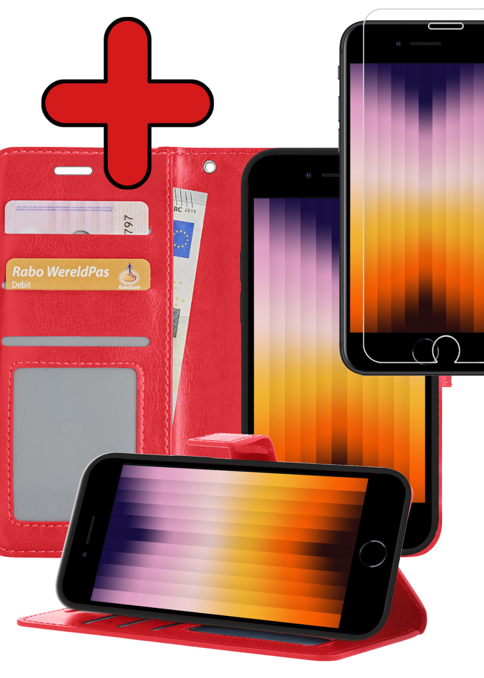 BTH Hoesje Geschikt voor iPhone SE 2022 Hoesje Book Case Hoes Portemonnee Cover Walletcase Met Screenprotector - Hoes Geschikt voor iPhone SE (2022) Hoes Bookcase Hoesje - Rood